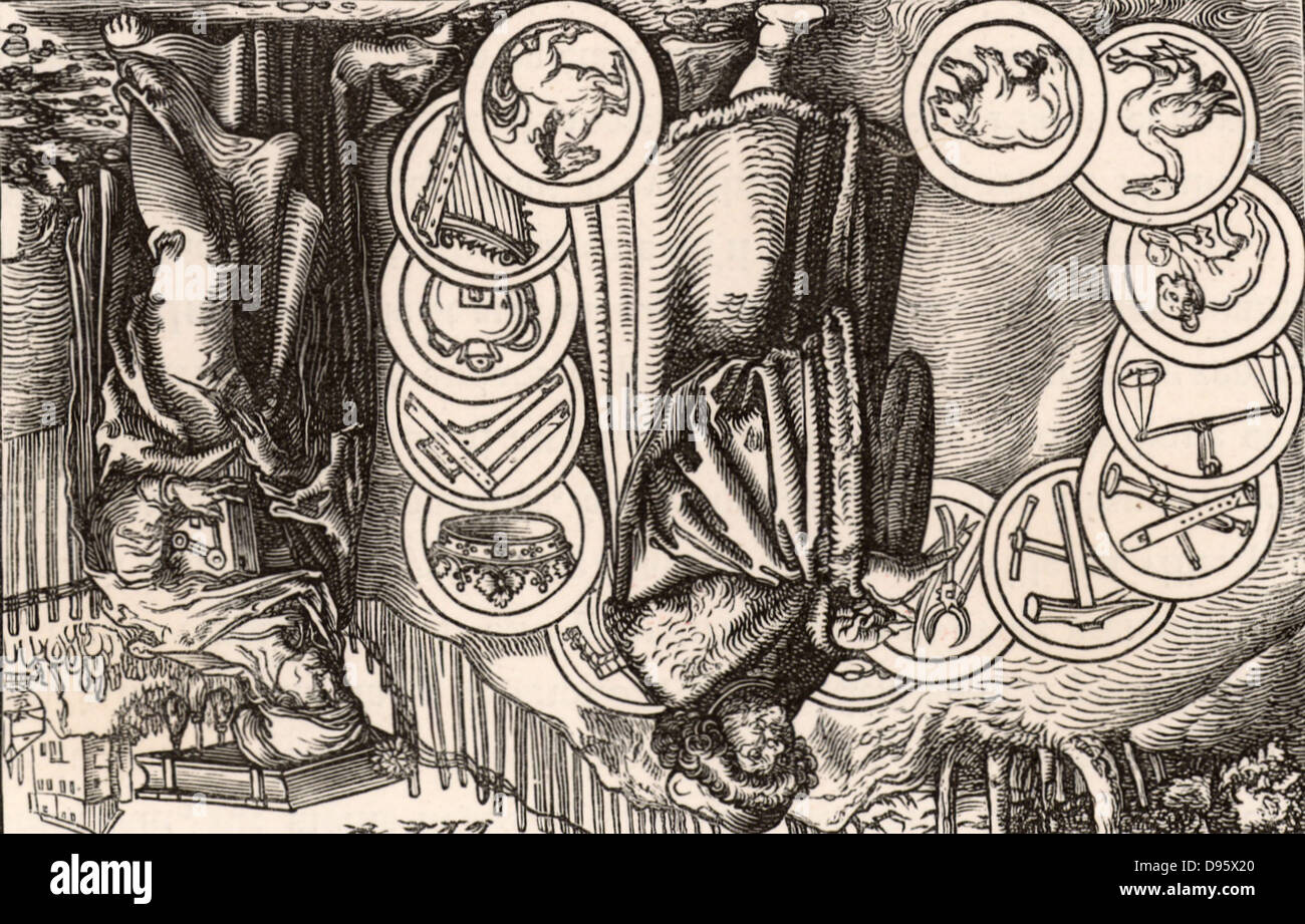 Naturwissenschaften und Philosophie. Holzschnitt auf Holbein zeigt eine deutsche Ausgabe von "De Consolatione philosophiae' von Boethius (Augsburg, 1537), im Gefängnis während der letzten Jahre des Lebens des Autors geschrieben zugeschrieben. (Boethius Anicius Manlius Severinus) c 480-524) römischen Philosophen und Staatsmann. Seine Kommentare zu Aristoteles und die Neoplatonist Philosoph Porphyr wurde der Standard mittelalterlichen europäischen Texte auf Logik. Stockfoto