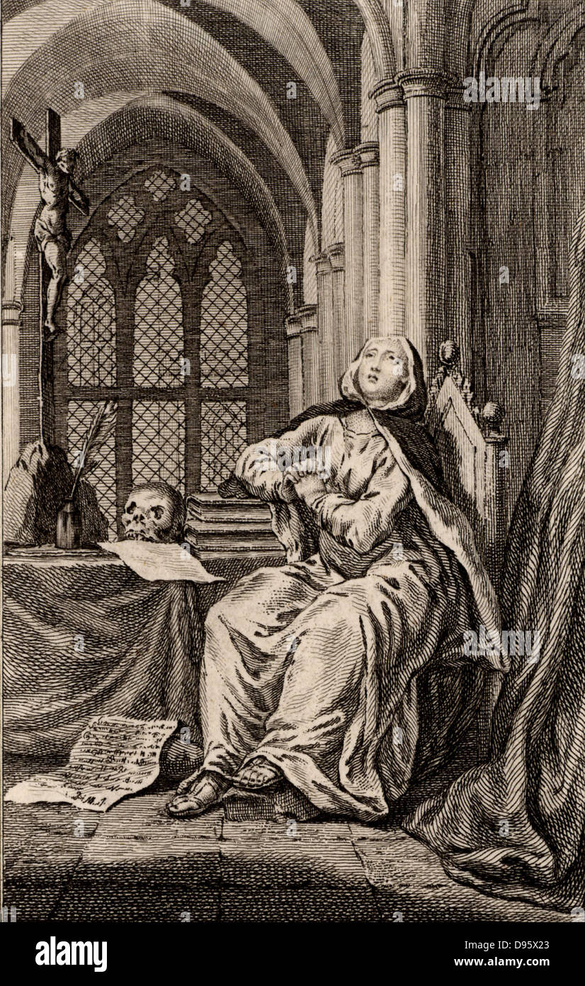 Heloise (1101-1162) französische Nonne und Lateinischen, Griechischen und Hebräischen Gelehrten. Die Liebesgeschichte von Heloise und Pierre Abaelard ist eine der großen tragischen Romanzen der Welt. 18. jahrhundert Gravur von heloise als Nonne. Stockfoto