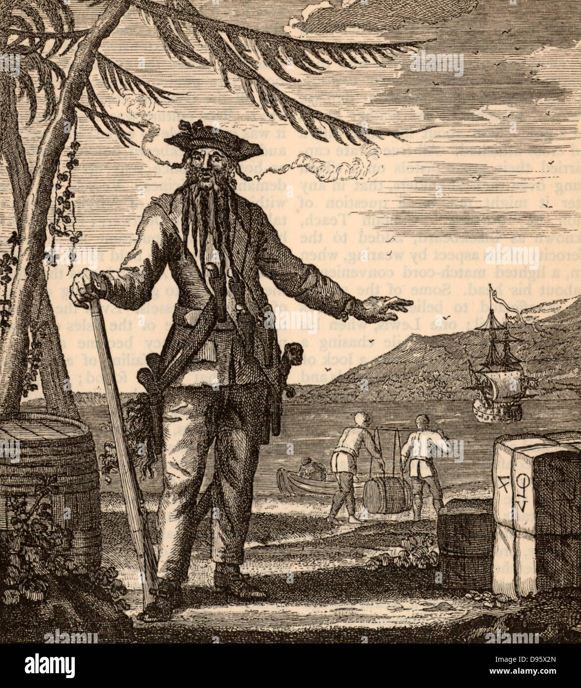 Blackbeard, der volkstümliche Name von Edward Teach (oder Stroh oder Drummond - 1680-1718) berühmt-berüchtigten englischen Piraten, die Karibik Meer zu einer Herrschaft des Terrors von 1716 bis 1718 ausgesetzt. Gravur. Stockfoto