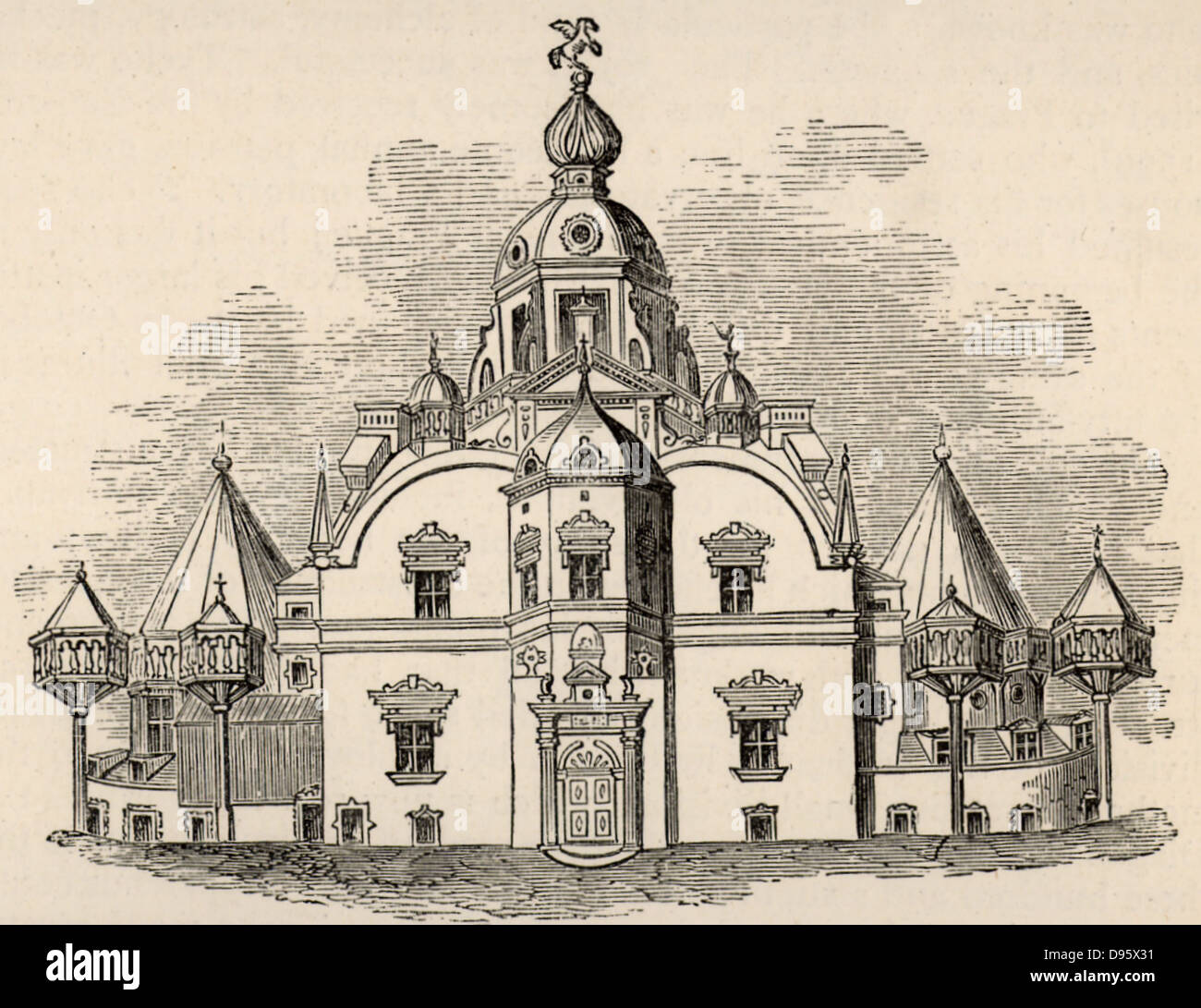 Uraniborg, Tycho der Informationsstelle auf der Insel Hven, Dänemark. Tycho Brahe (Tyge Ottesen Brahe - 1546-1601) dänischen Astronomen, Astrologen und Alchimisten, die astronomischen Instrumente, die ihm ermöglichten die genauesten Beobachtungen seiner Zeit zu machen. Gravur, c 1881. Stockfoto