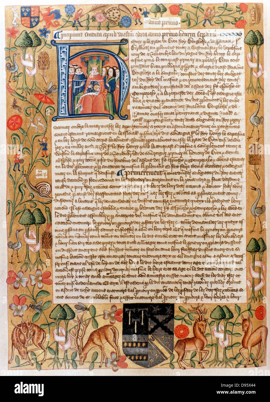 Henry VII (1457-1509) erste Tudor König von England von 1485. Seine erste Tat des Parlaments mit ersten Porträt von König. Grenze beleuchtet mit Flora und Fauna. Thomas Pigot's 'Buch der Gesetze'. Stockfoto