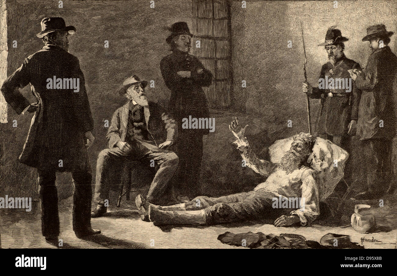 John Brown (1800-1859), US-amerikanische Wahrheit. Braun in den Motor Haus nach seinem guerilla Raid auf der Waffenkammer in Harper's Ferry, 18. Oktober 1859 erfasst. Braun wurde des Landesverrats schuldig gefunden. Am 2. Dezember 1859 gehängt. Gravur von "Das Jahrhundert Magazin' (New York, 1883). Stockfoto