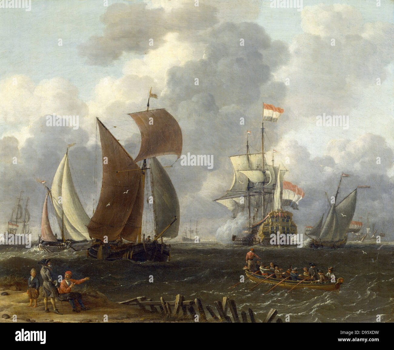 "Niederländische Kriegsschiff in einem Meer der Ruhe" Künstler, Abrham Storck (c1635-1704). Öl auf Holz. Privatsammlung. Stockfoto