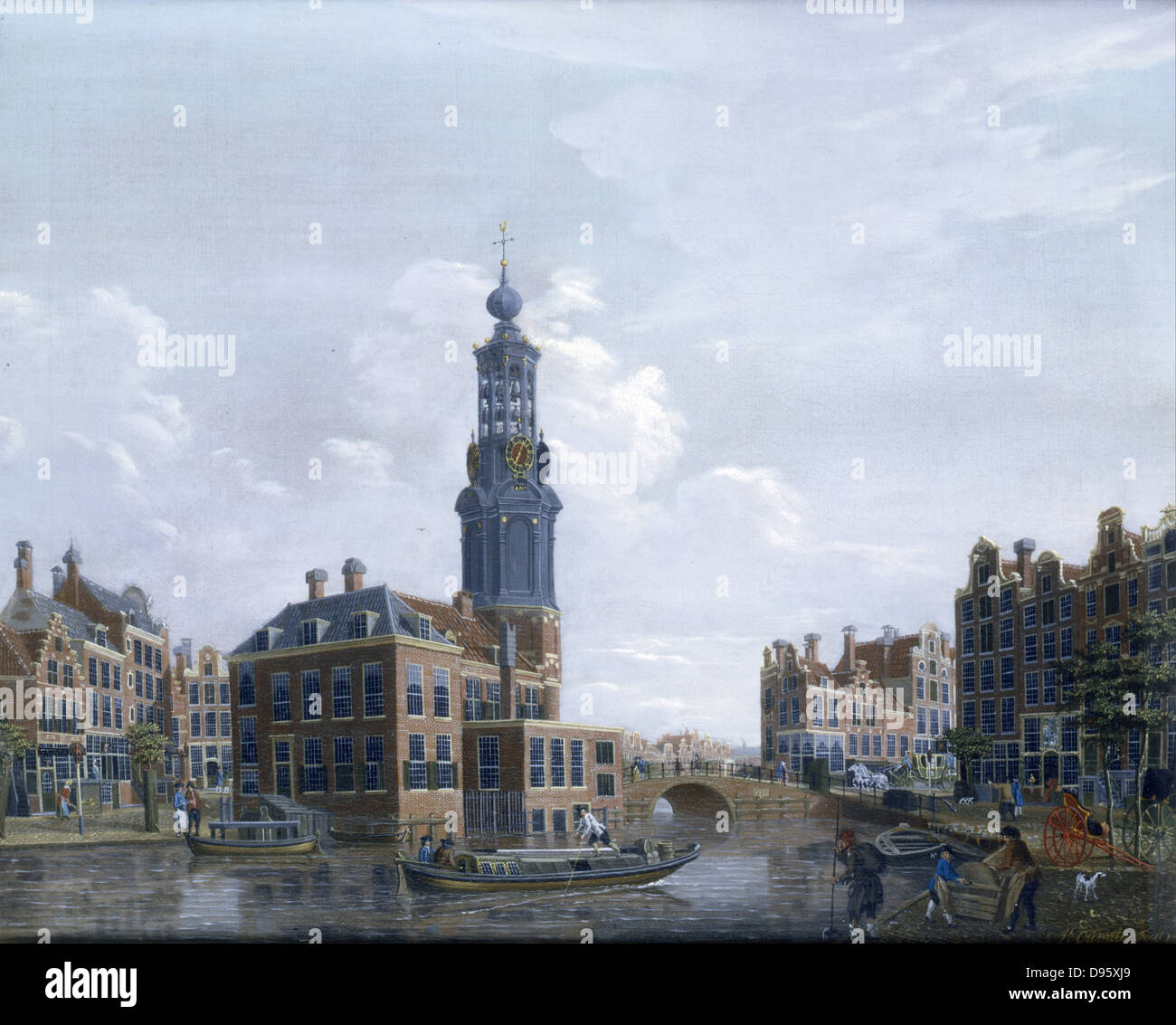Blick auf den Münzerturm in Amsterdam. 1777. Künstler, Isaak van Ouwater (1750 – 1793). Öl auf Holz. Privatsammlung. Stockfoto