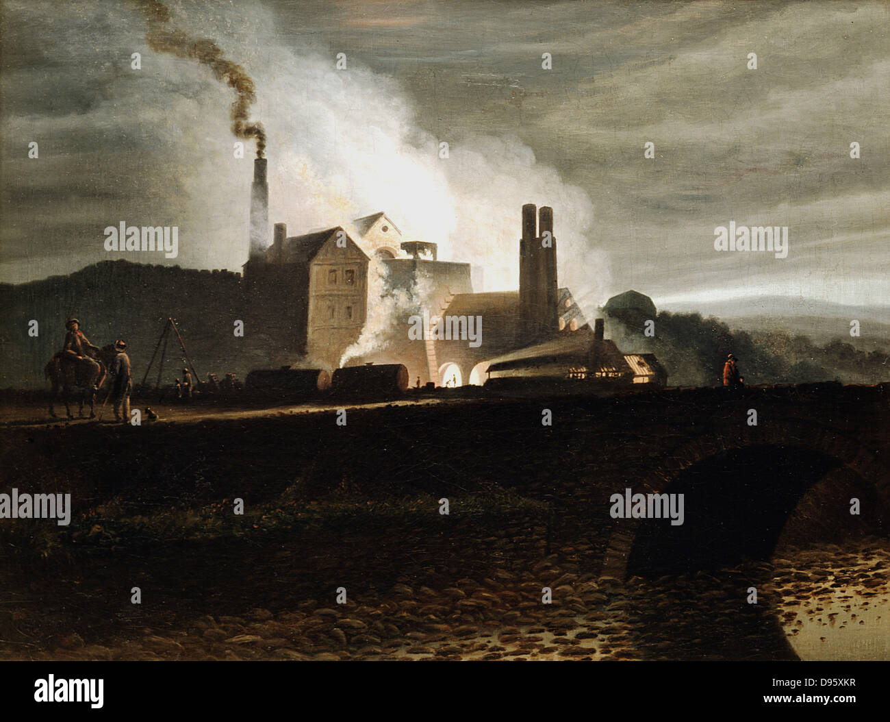 Industrielandschaft. Eisenhütte in der Nacht, Hochofen im Zentrum. Wales.  Künstler, Penry Williams (1798-1885), Privatsammlung Stockfoto