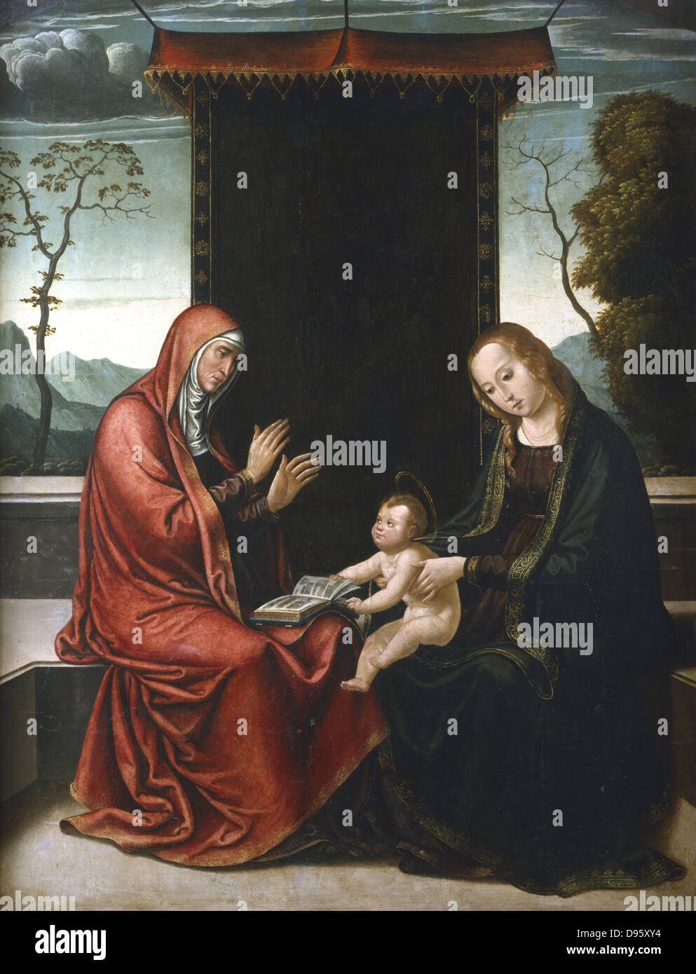 St. Anne, die Jungfrau und das Kind". St. Anne, war die Mutter der Jungfrau Maria und Großmutter von Jesus. Jean de Borgona der Zweiten (c) 1500-1565. Öl auf Holz. Private Sammlung. Stockfoto