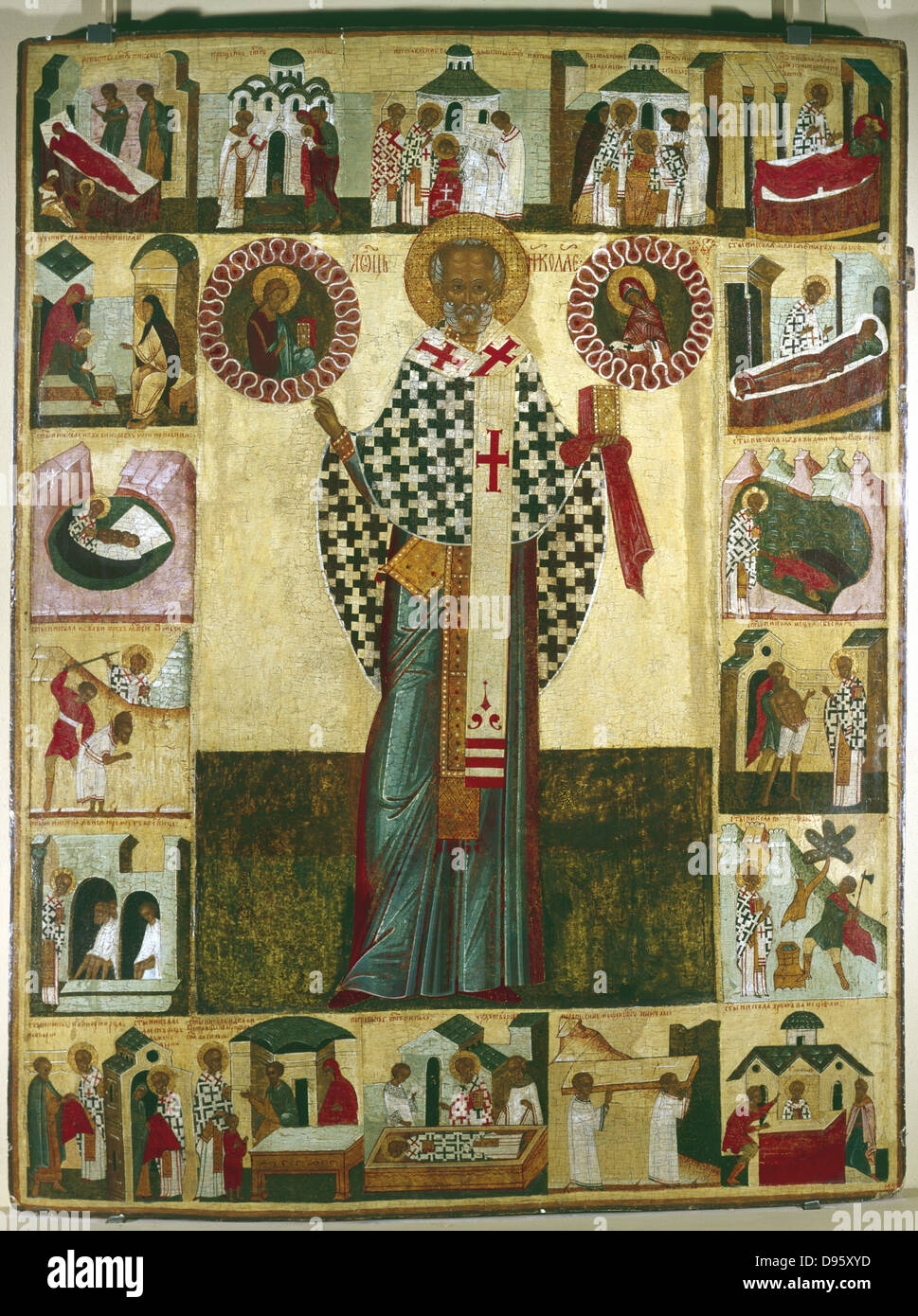 St. Nikolaus (Anfang des 4. Jahrhunderts) und Szenen aus seinem Leben. 15.-16. Jahrhundert russische Ikone. Staatliches Russisches Museum, St. Petersburg. Stockfoto