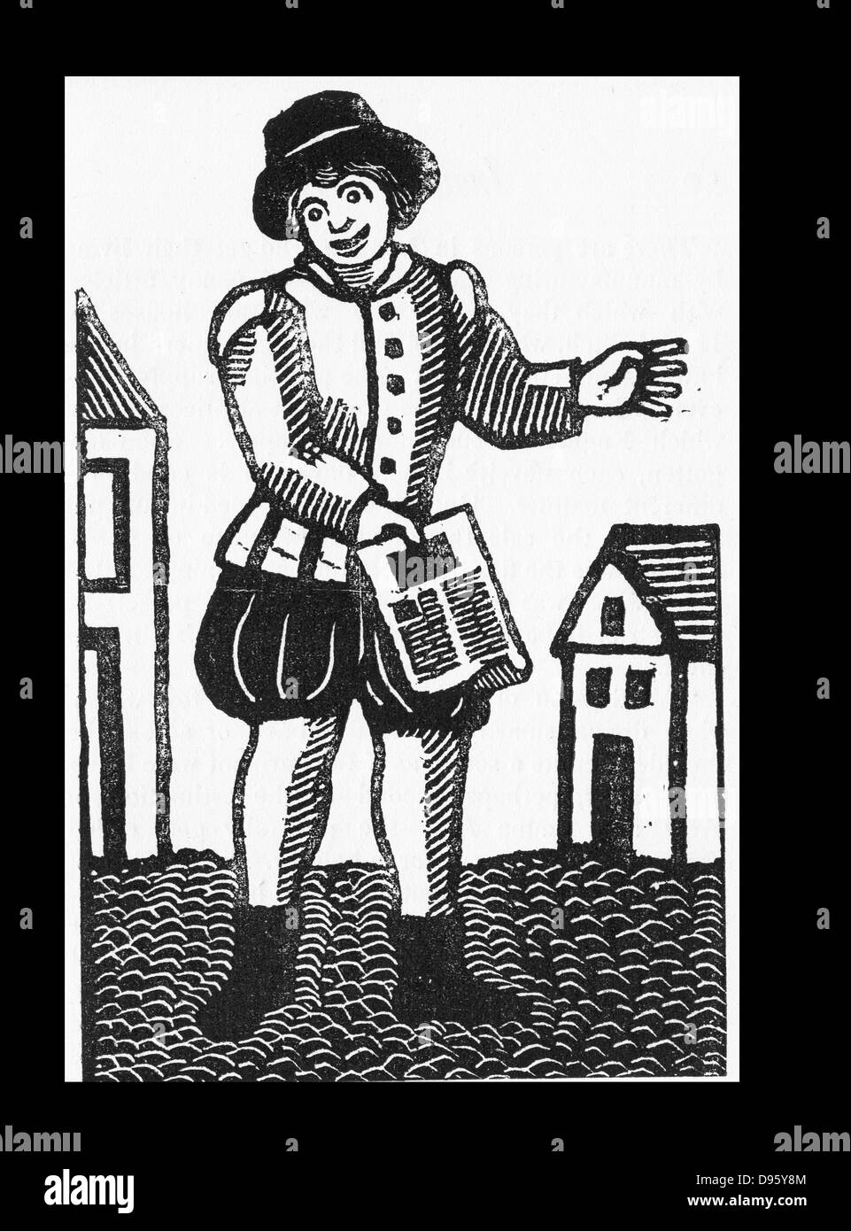 Hausierer gedruckten Balladen auf der Straße zu verkaufen. London des 17. Jahrhunderts. Stockfoto