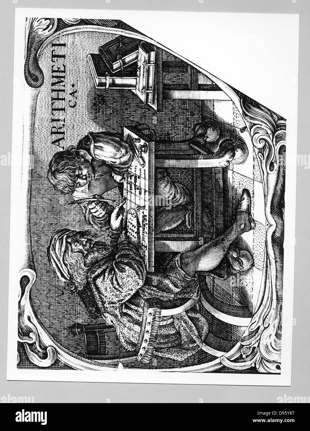 Kaufmann und seine Sekretärin mit einer Berechnung der Tabelle aufgebaut als eine Form von Abacus. Vignette aus einer Multiplikation im Jahre 1630 veröffentlicht. Kupferstich. Stockfoto