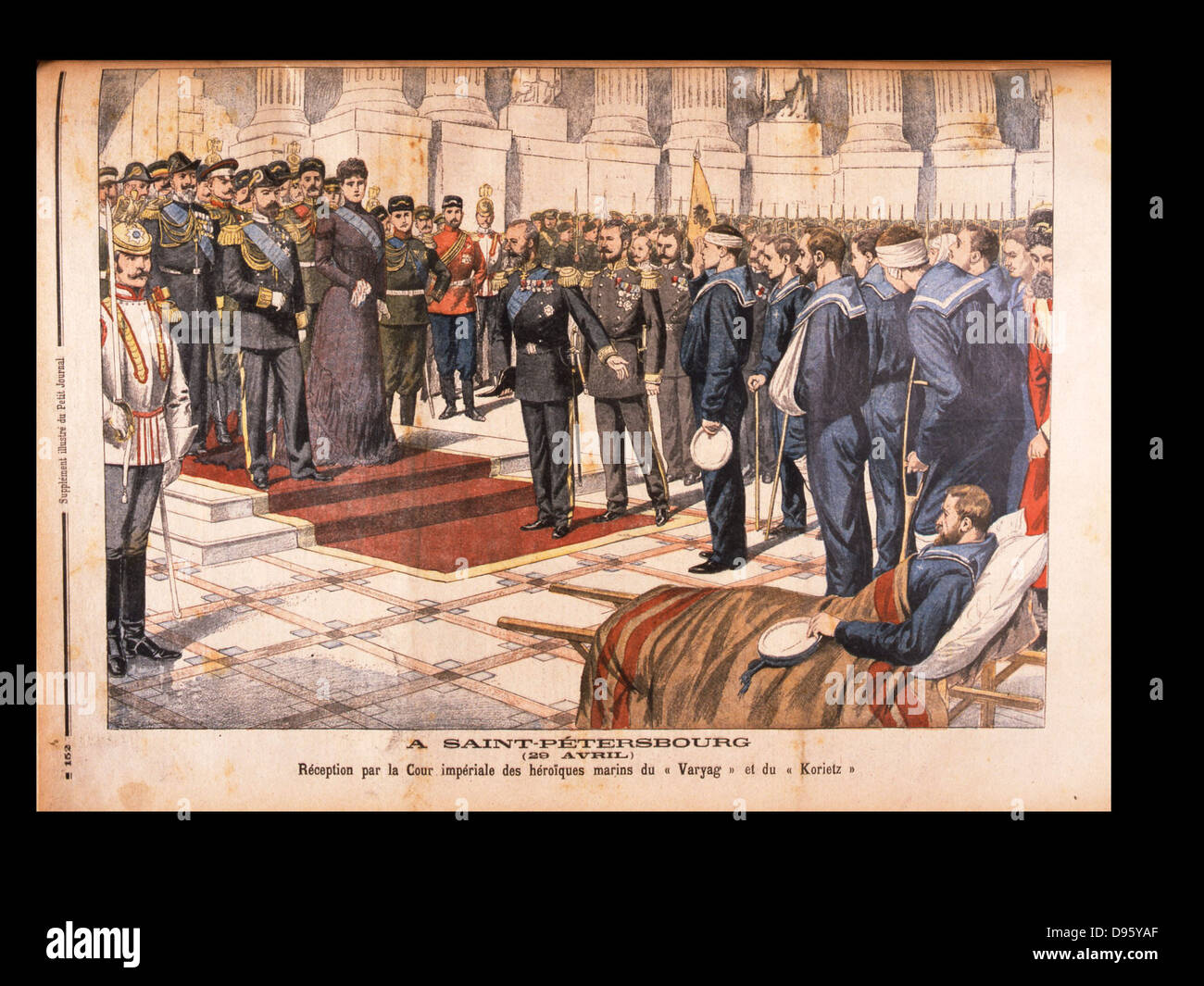 Nikolaus II. und Alexandra Fjodorowna in St. Petersburg, 29. April 1904, Erhalt der heroischen Seefahrer, Überlebende aus der 'Varyag' und die 'Korietz', russisch-japanischen Krieg. Von "Le Petit Journal", Paris, 8. Mai 1904. Stockfoto