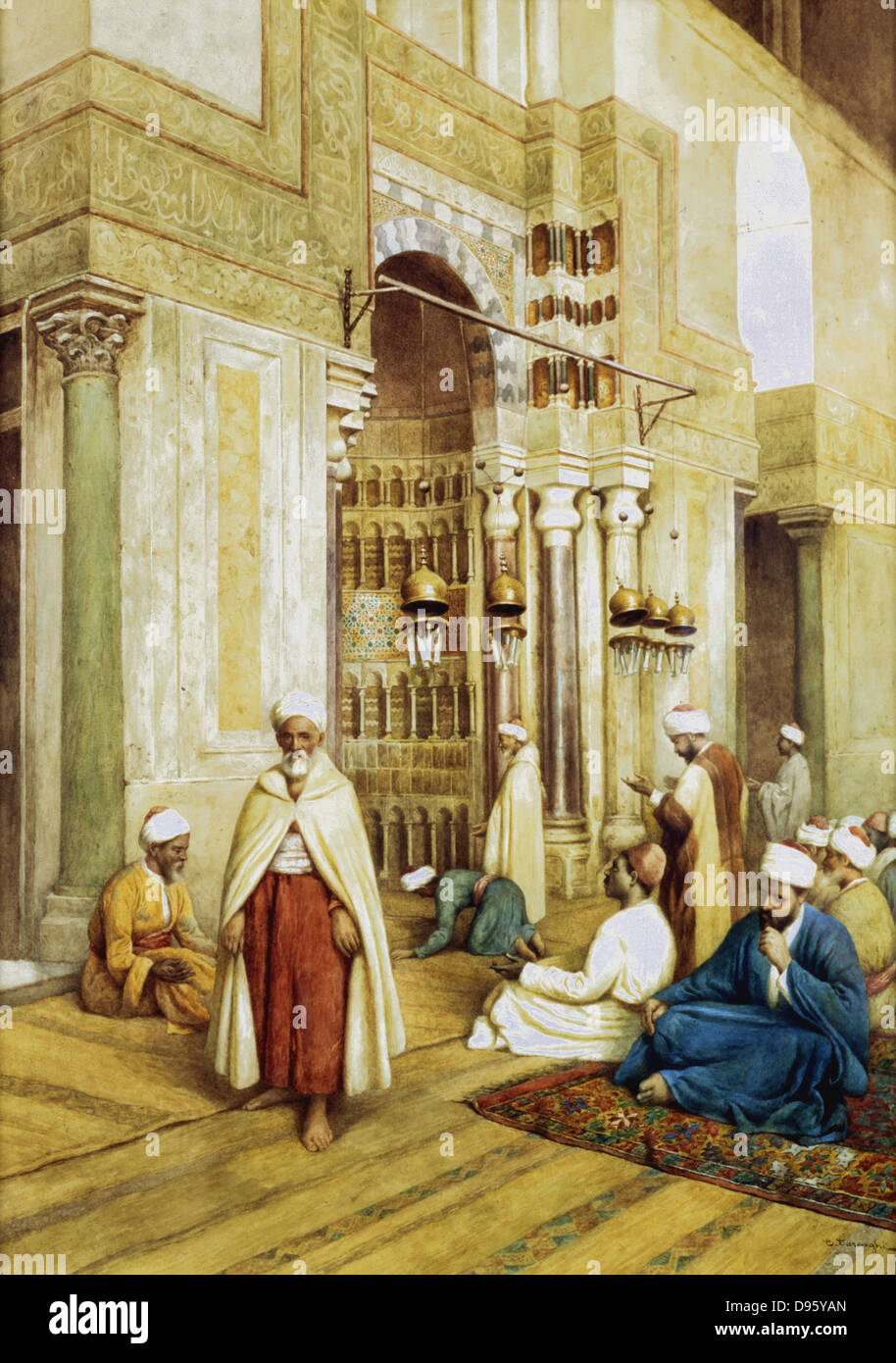 Gläubige in einer Moschee. Enrico Tarenghi (b1848). Aquarell.  Privatsammlung Stockfoto