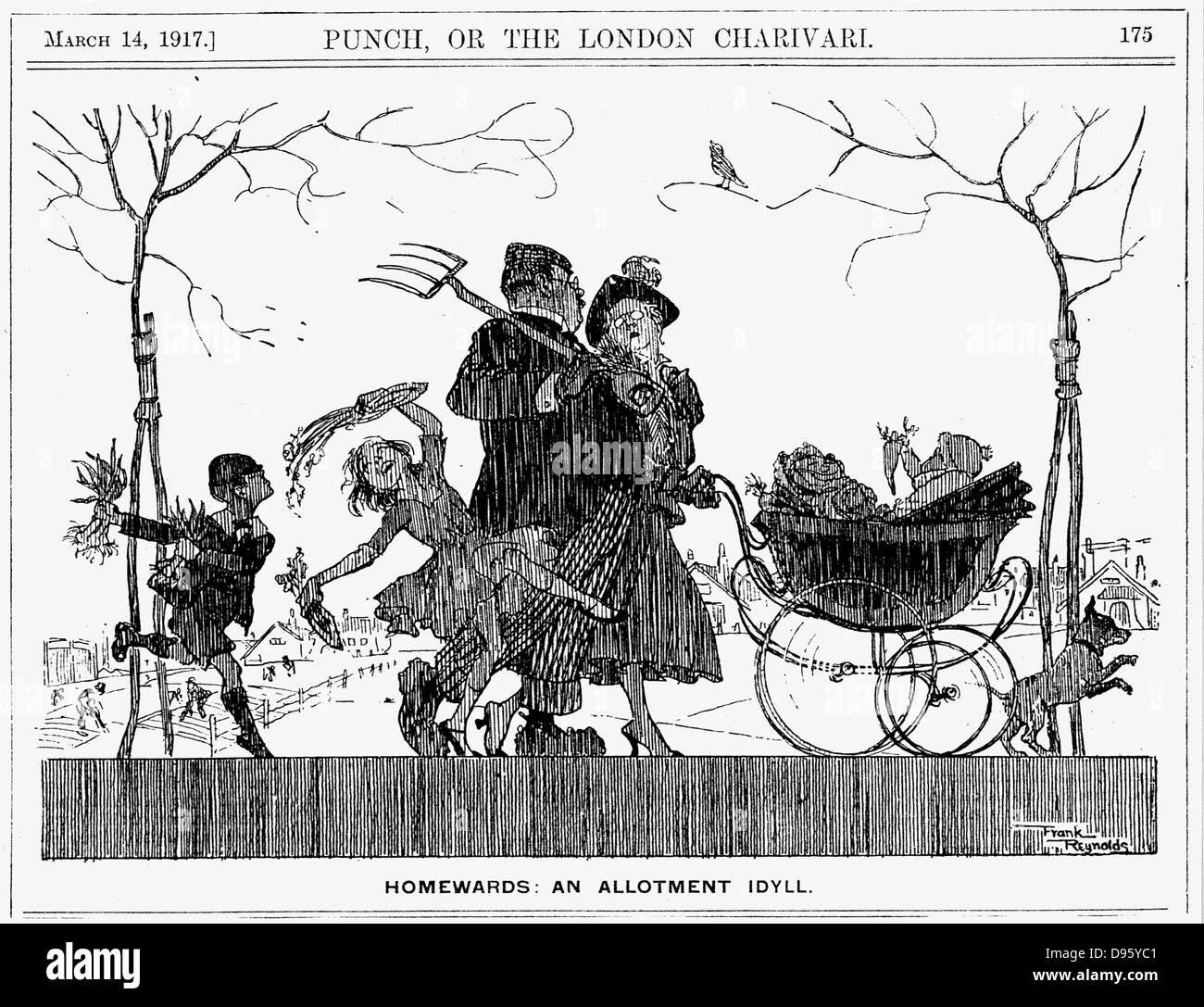 Graben für den Sieg im Ersten Weltkrieg eine Familie wieder von ihrer Zuteilung mit dem Gemüse sie gewachsen sind. Von "Punch", London, 14. März 1917. Stockfoto