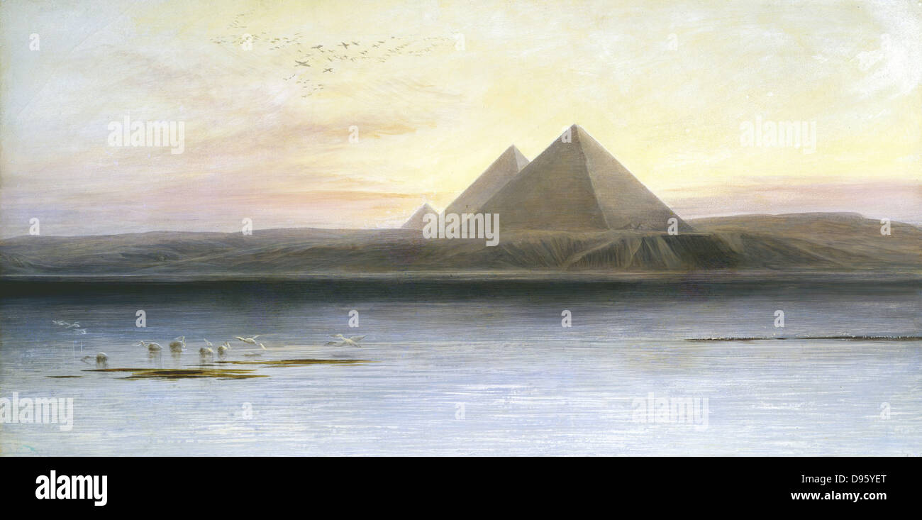 Die Pyramiden von Gizeh. Edward Lear (1812-1888), britischer Maler und Humorist. Öl auf Leinwand. Privatsammlung. Stockfoto
