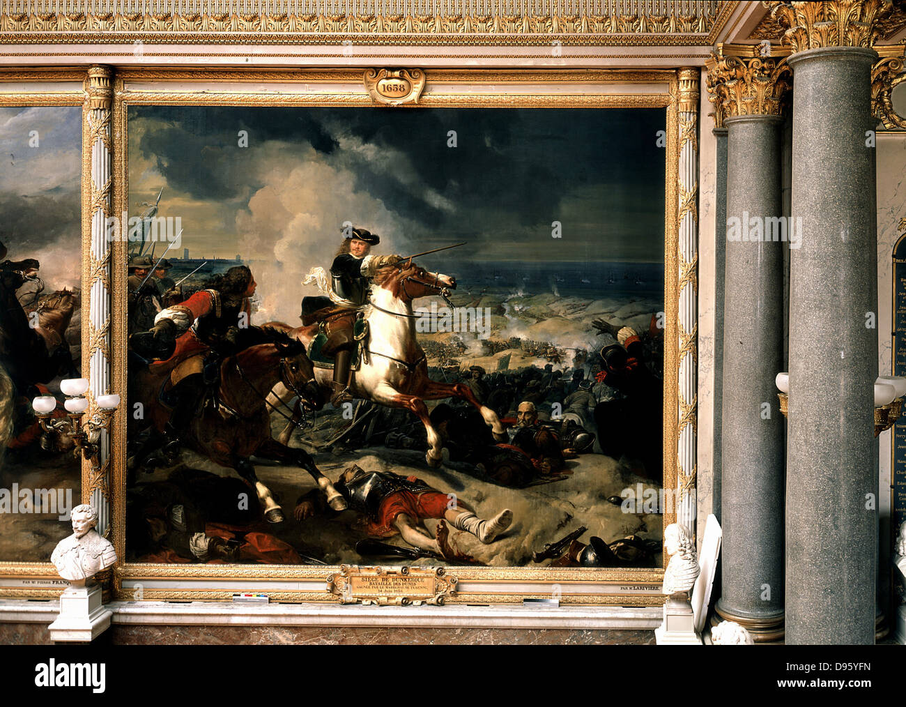 Die eige von Dünkirchen (Dunkerque) - Schlacht der Dünen gewann von Marschall Turenne (Mitte) vom 14. Juni 1658. Charles Philippe Auguste de Lariviere (1798-1876), französischer Historienmaler. Galerie des Batailles, Versailles. Stockfoto