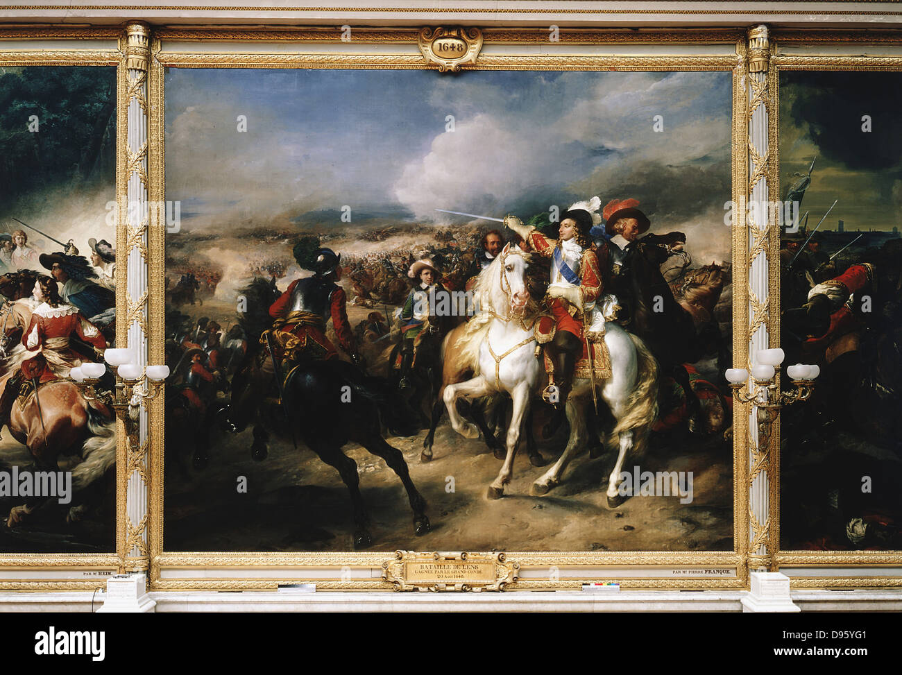 "Kampf der Linse', 28. August 1648. Louis II. de Bourbon, prince de Condé (1621-1686), Grand Conde, besiegte den Spanier. Jean Pierre Franque (1774-1802), französischer Historienmaler, Galerie des Batailles, Versailles. Stockfoto