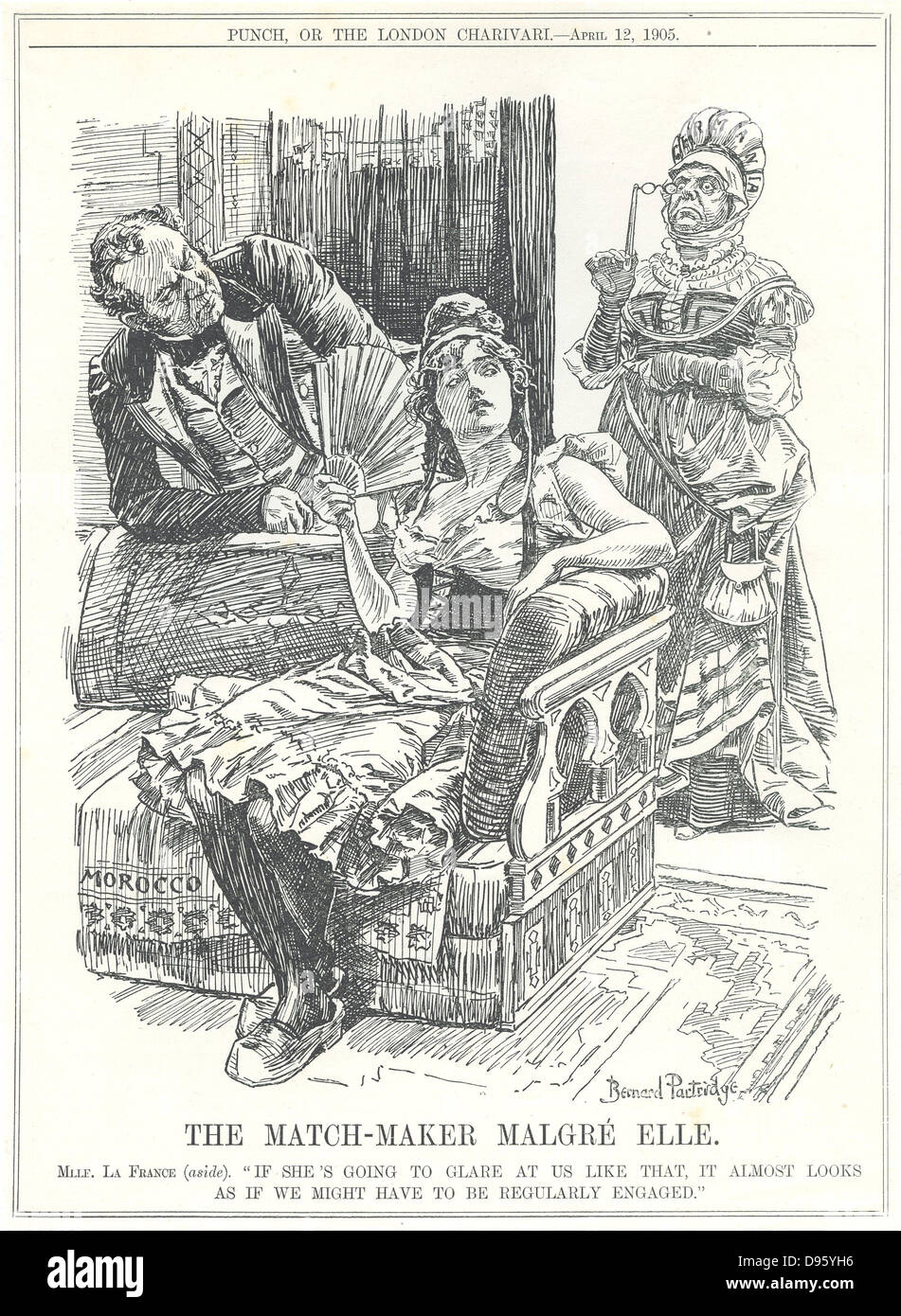 Entente Cordiale (1904), englisch-französischen Abkommen, das Ende einer Reihe von gegenseitigen Antagonismen und über Co-operation gegen die Bedrohung der Deutschen Aggression während des frühen 20. Jahrhunderts. Die ersten marokkanischen Krise oder die Tanger Vorfall. Deutschland sieht in der Ablehnung in Frankreich und Großbritannien ein Engagement Ansatz. Cartoon von Bernard Partridge aus 'Lochen', London, 12. April 1905. Stockfoto
