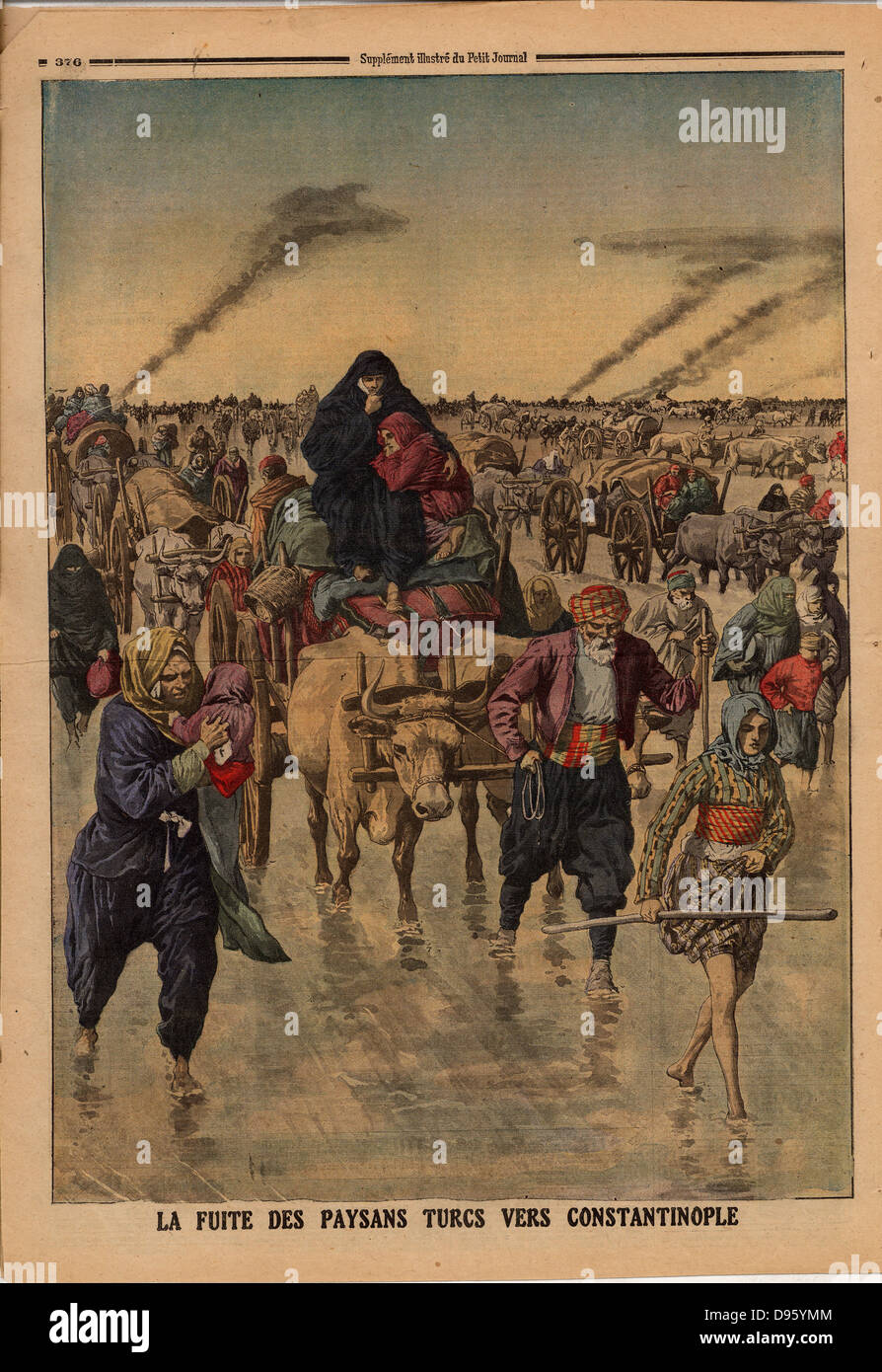 Balkan-Kriege: Flug der türkischen Bauern in Richtung Constantinople. Von "Le Petit Journal", Paris, 24. November 1912. Stockfoto
