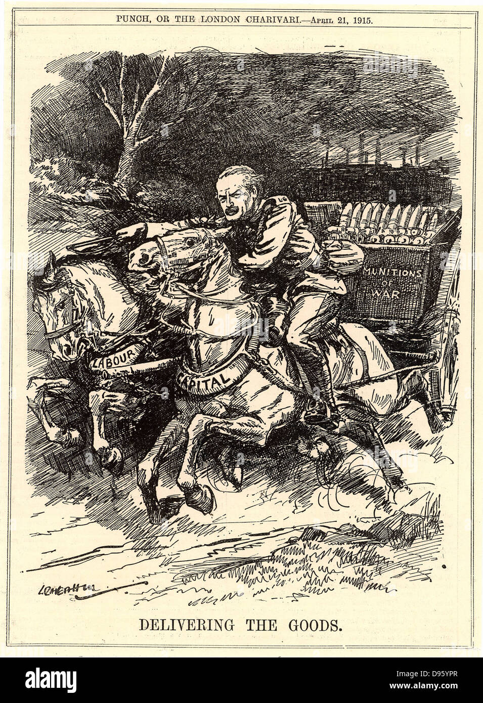David Lloyd George (1863-1945) Welsh - geborener britischer Staatsmann, war Minister für Munition im Jahr 1915 ernannt. Hier ist er gezeigt mit voller Geschwindigkeit fahren einen Warenkorb von Munition, die von Kapital und Arbeit produziert. Karikatur von Leonard Raven-Hill von Punch" London. Stockfoto