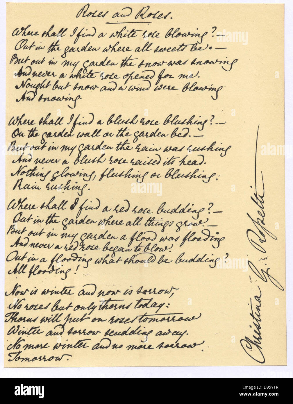 Manuskript "Rosen und Rosen", das Gedicht von Christina Georgina Rosetti (1830 – 1894). Stockfoto