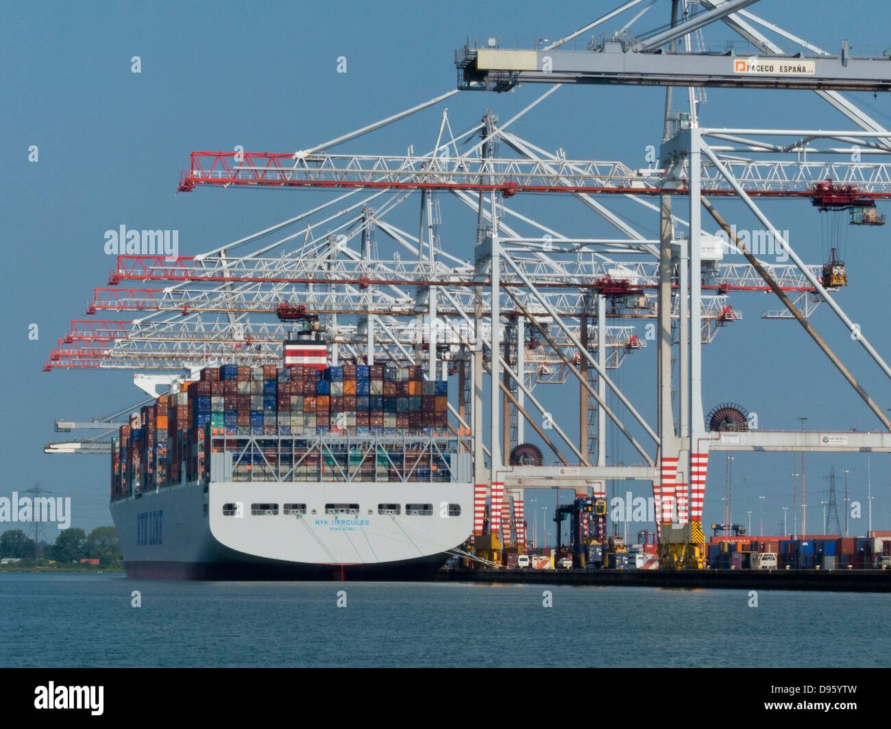 Southampton-Container-Hafen große Terminal handling Schiffe Krane Fracht Export Import riesig großen massiv hoch hoher Fluss-Test Stockfoto