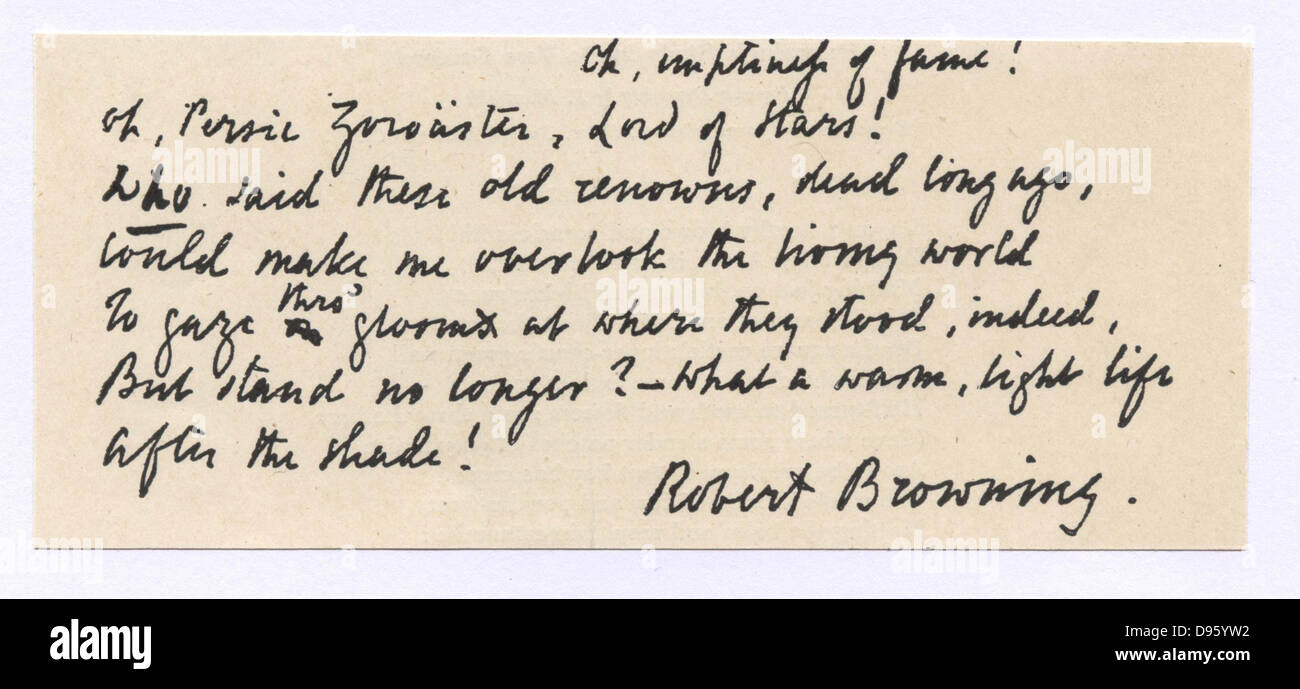 Manuskript eines Verses von Robert Browning (1812-1889). "Oh, persischen Zoroaster, Herr der Sterne! ...' Stockfoto