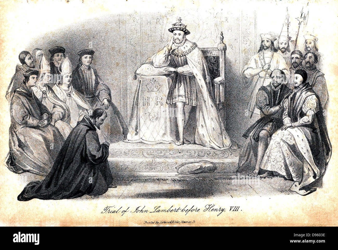 John Lambert (d1538), englischer protestantischer Märtyrer verbrannt auf dem Scheiterhaufen in Smithfield, London, 22 November 1538.  Testversion von Lambert vor Heinrich VIII. Als er nicht akzeptieren, die Lehre der Transsubstantiation einen Ketzer von Katholiken und die neue Kirche von England. Von "Christian Martyrium", London, 1838. Stockfoto