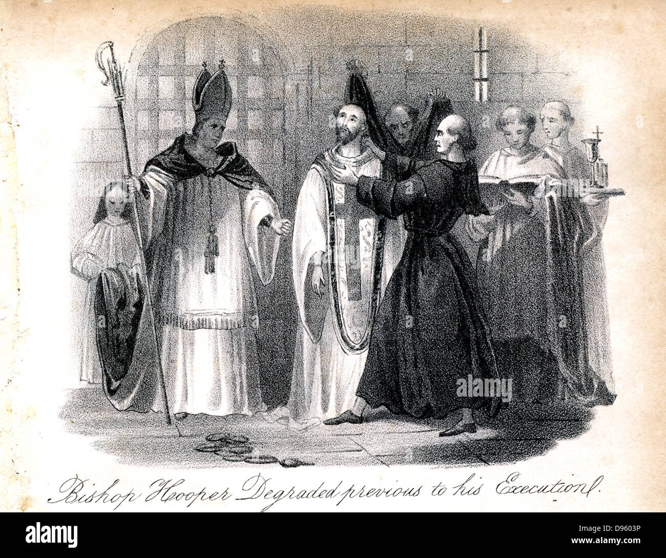 John Hooper (c), 1500-1555 Bischof von Gloucester und Worcester. Englisch evangelischen Märtyrer für Ketzerei unter Mar I, am 9. Februar 1555 verbrannt. Hooper abgebaut von Bischof Bonner vor seiner Hinrichtung. Von "christlichen Martyriums', London, 1838. Stockfoto