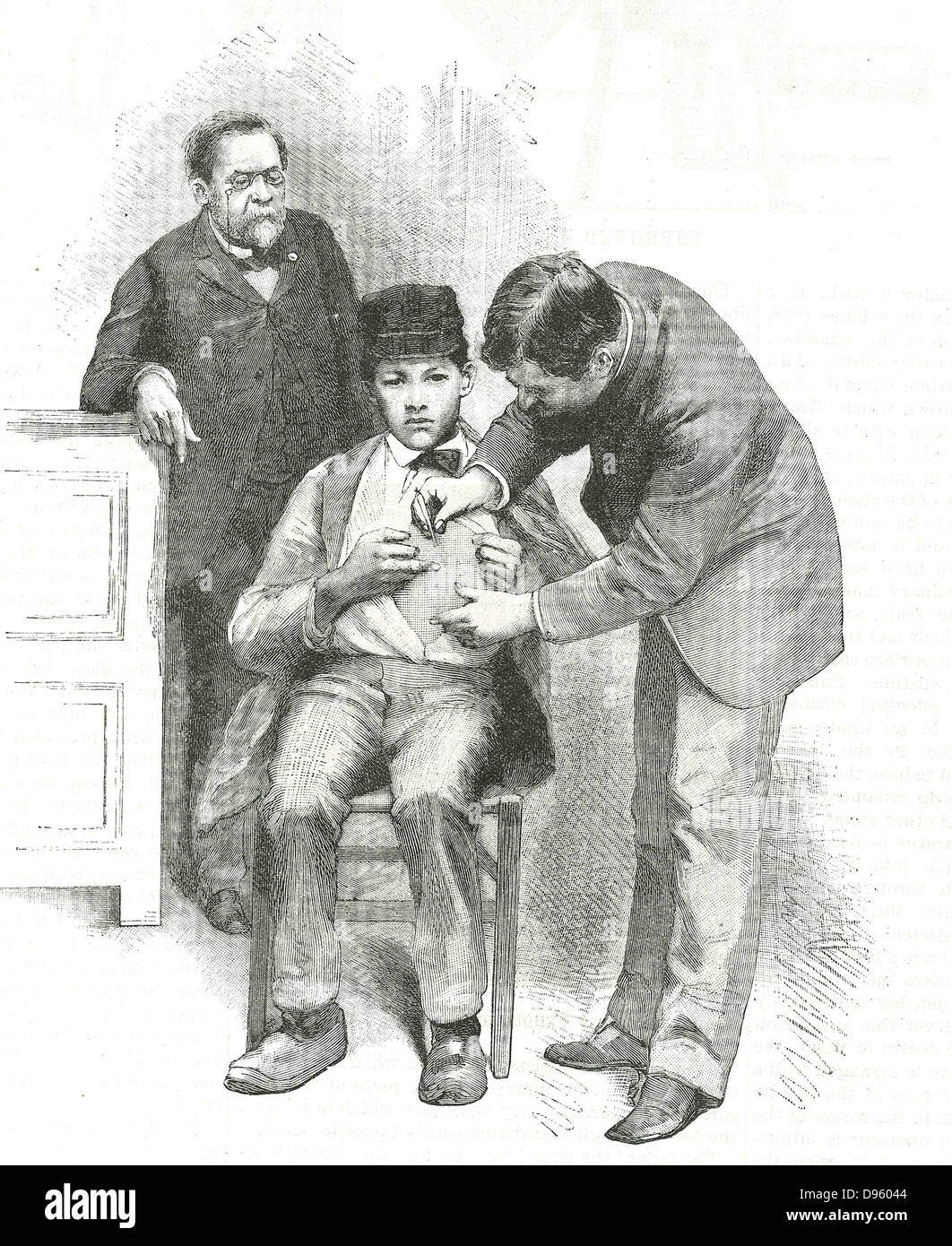 Louis Pasteur (1822-1895), französischer Chemiker, auf als seine Assistentin inoculates Joseph Meister, ein Hirtenjunge, der von einem tollwütigen Hund gebissen worden war. Gravur von "Scientific American", New York, 19. Dezember 1885. Stockfoto