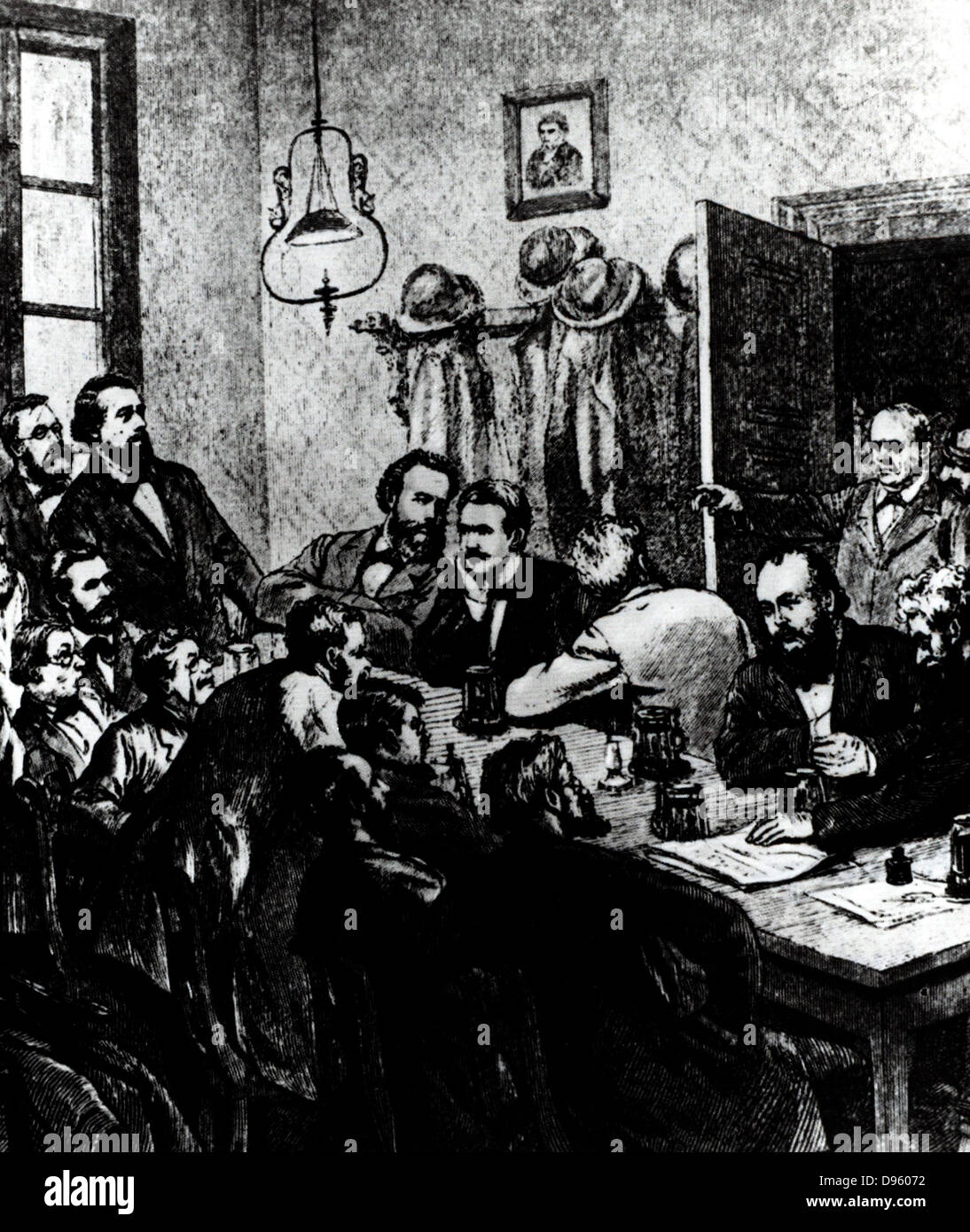 Das Aufteilen einer Sitzung eine Sitzung der Sozialdemokraten, Leipzig, 1881. Unter den Teilnehmern waren Wilhelm Liebknecht und August Bebel. Gravur. Stockfoto