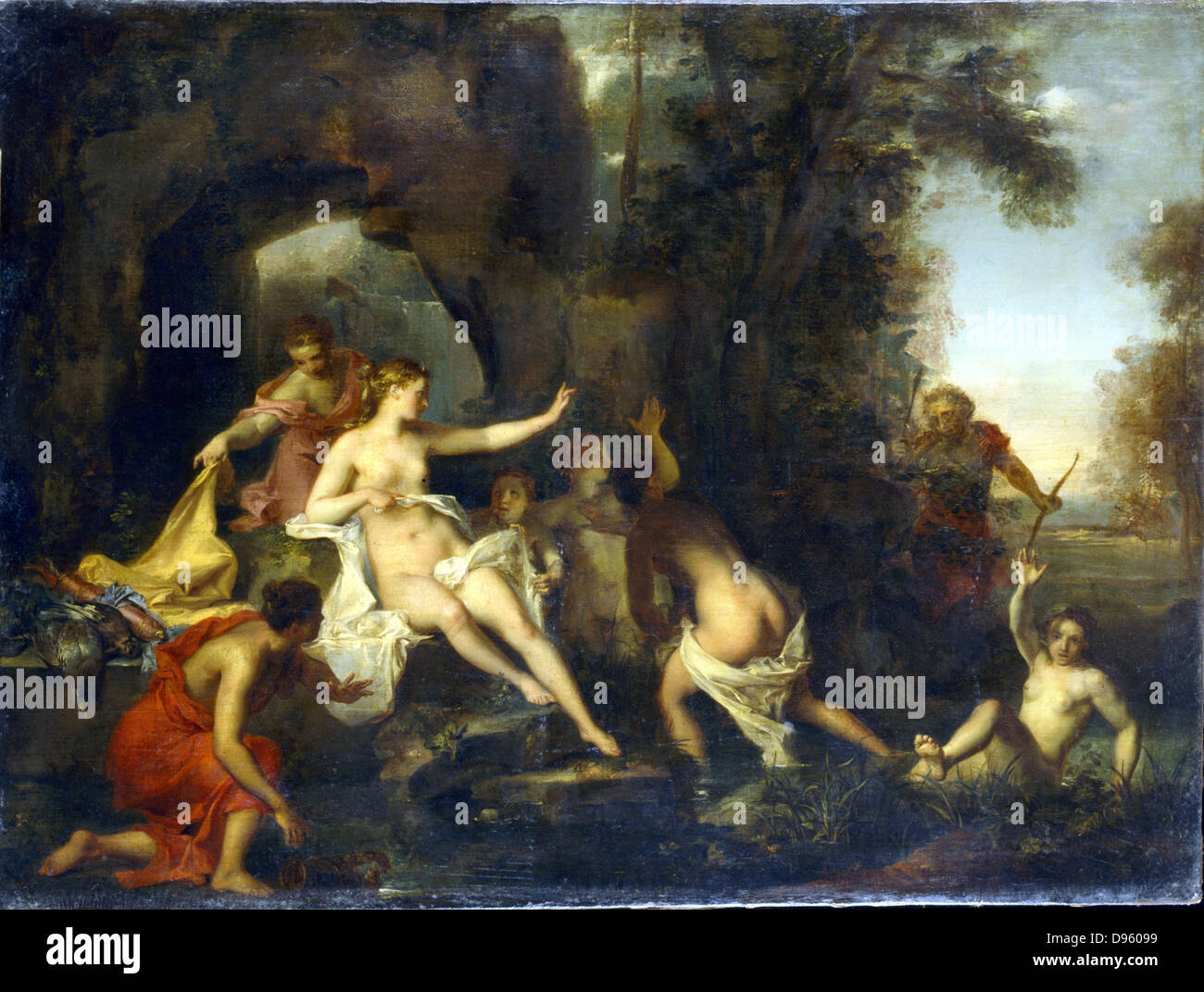 Diana und Acteon'. Während der Jagd, Acteon Überraschungen der Göttin Diana und als punnishment wird zum Tod von seinen eigenen Hunden zerrissen. Louis Le Breton (1670-1761). Öl auf Leinwand. Private Sammlung. Stockfoto