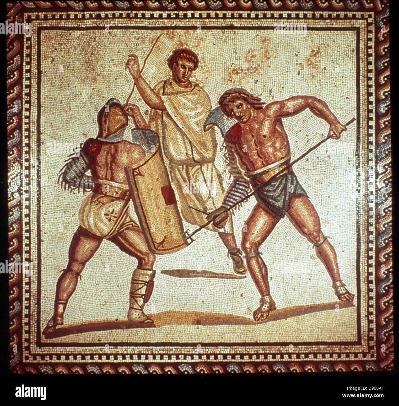 Gladiatoren in der Arena. Römisches Mosaik. Saarbrücken Stockfoto