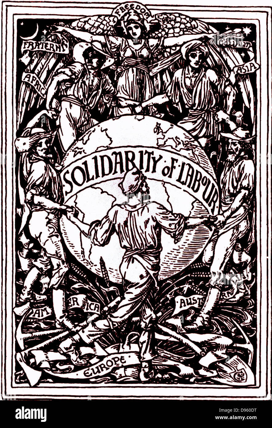 Die Solidarität der Arbeit: Freiheit, Gleichheit, Brüderlichkeit. Design von Walter Crane (1845-1915), britischer Künstler, der an die Arbeiter der Welt und feiert den Tag der Arbeit. Stockfoto