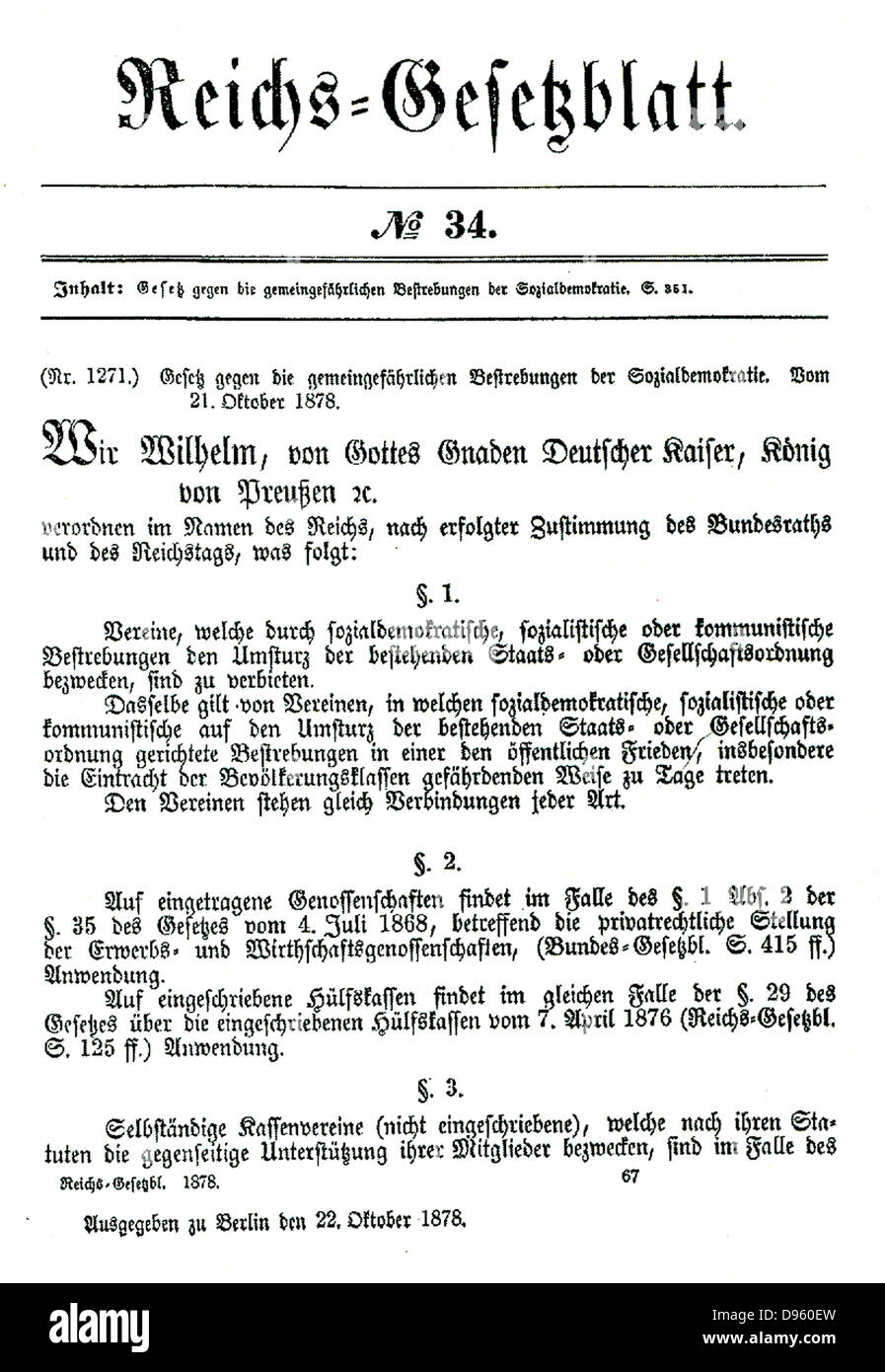 Bismarcks "Gesetz gegen die höchst gefährliche Bestrebungen der Sozialdemokratie" vom 22. Oktober 1878 die Sozialistengesetze (SOZIALISTENGESETZE). Stockfoto