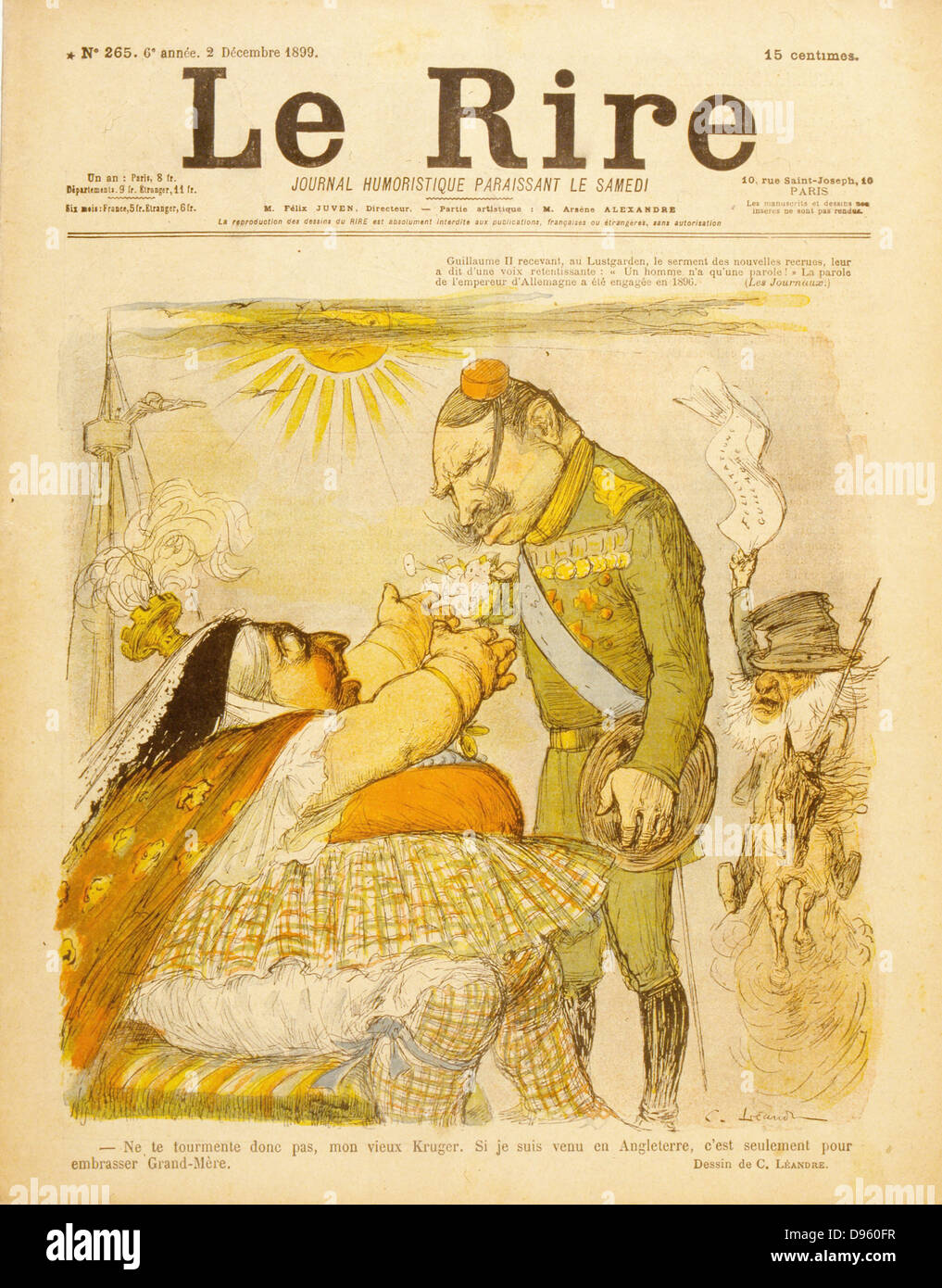 Die deutsche Außenpolitik 1899, die Unterstützung der Buren in Südafrika (Boer) Krieg. Wilhelm II. sagte Kruger, die Boer Führer, keine Sorgen zu machen, als er im Begriff war, nach Großbritannien seine Großmutter zu umarmen, Königin Victoria. Karikatur aus "Le Rire", Paris, 2. Dezember Stockfoto