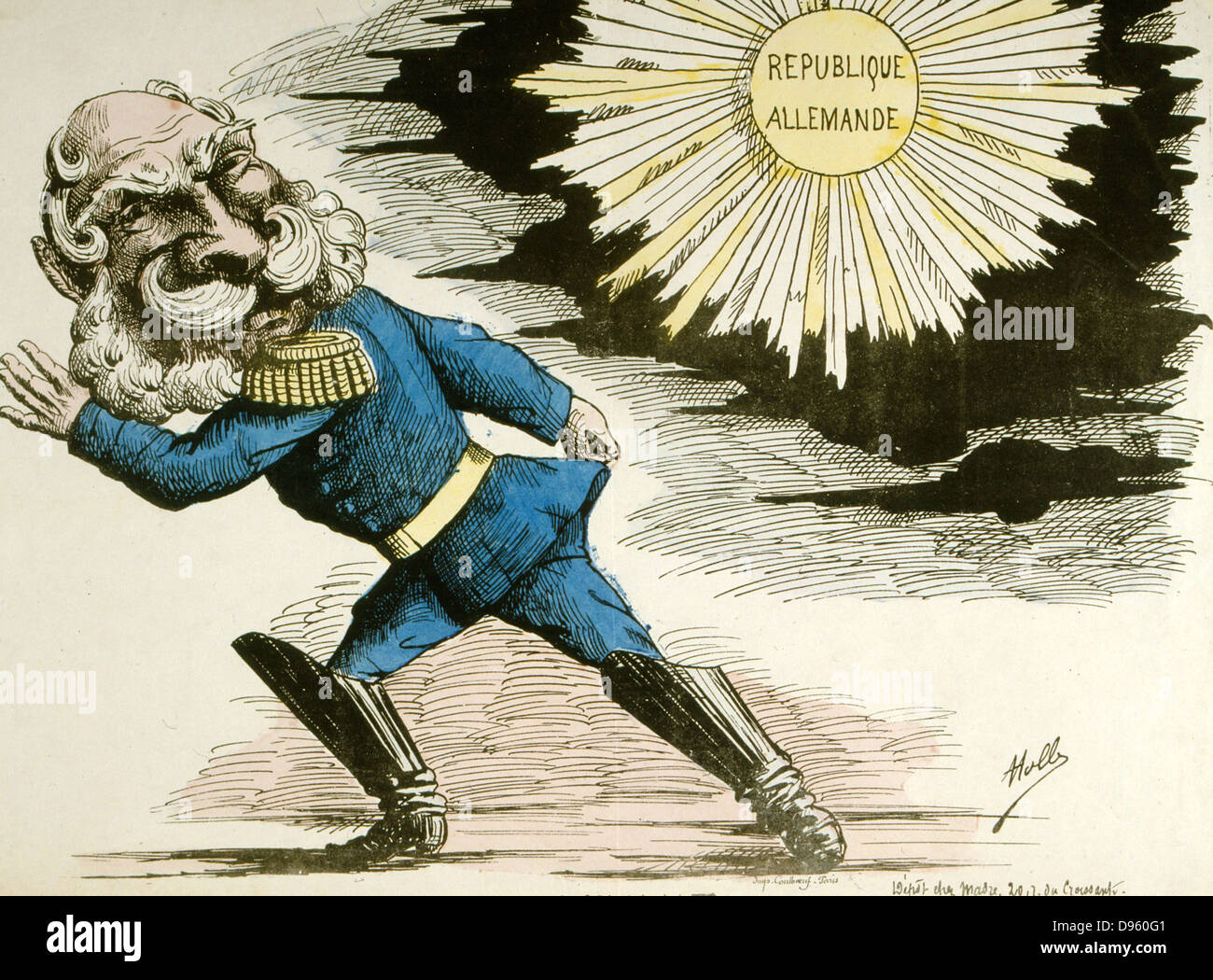 Wilhelm I. zum Deutschen Kaiser von 1871 (König von Preußen von 1861) lächelnd an die aufgehende Sonne des vereinten Deutschlands. Französische Cartoon. Stockfoto