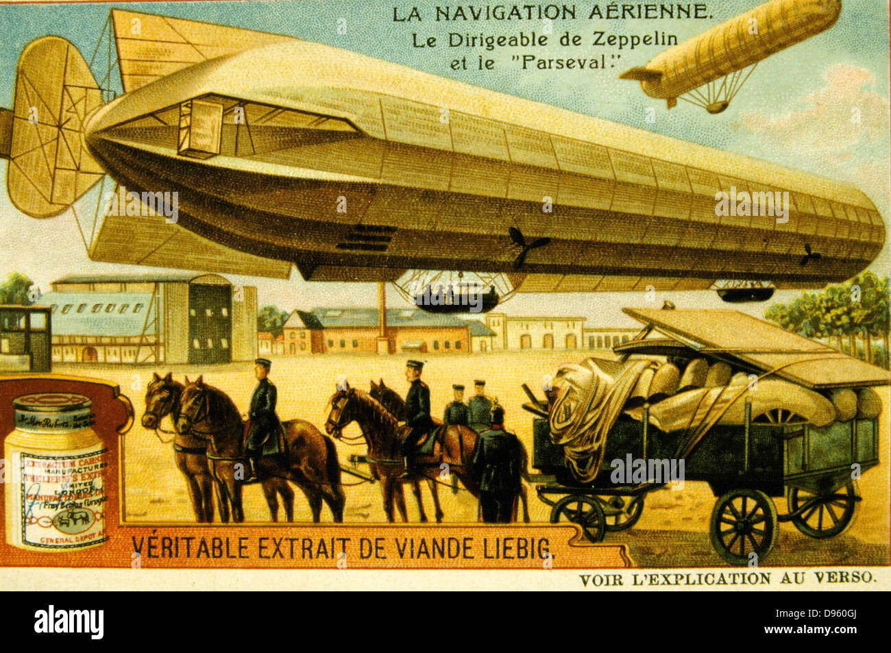 Ein Deutsches Luftschiff von Graf von Zeppelin entworfen und in der oberen rechten Ecke, die viel kleineren Französischen Luftschiff Parseval''. Liebig Handel Karte c 1900. Stockfoto