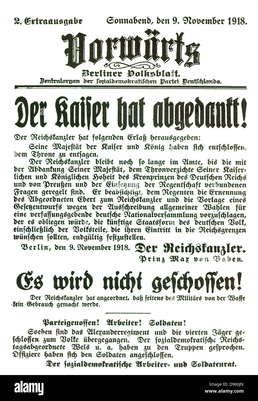 Ankündigung der Abdankung des deutschen Kaisers Wilhelm II November 1918. Stockfoto