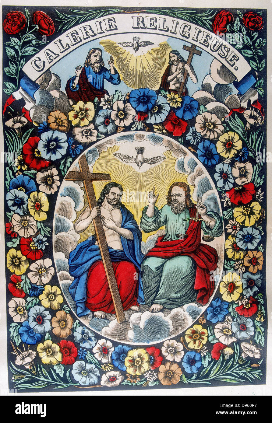 Der Dreifaltigkeit: Vater, Sohn und Heiliger Geist. farbiger Holzschnitt des 19. Jahrhunderts Stockfoto
