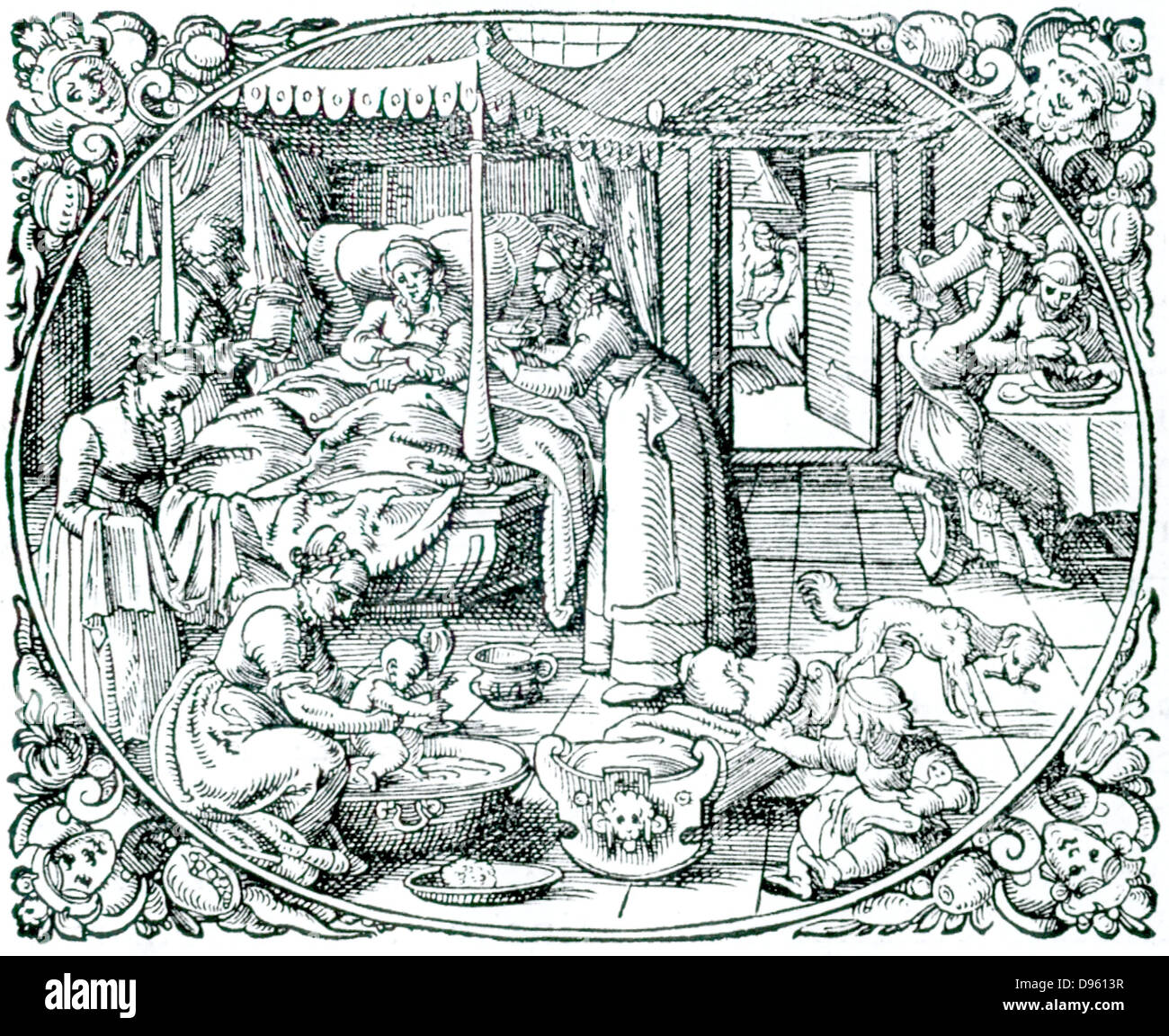 Eine Entbindung mit kompletten Mangel an Hygiene mit Menschen Essen und Trinken, ein Kind zu spielen, und ein Hund einen Knochen nagen, alle im gleichen Raum, in dem ein Baby gerade geliefert worden ist. Von Plinius' Naturalem Historiam", Frankfurt am Main, 1582. Holzschnitt. Stockfoto