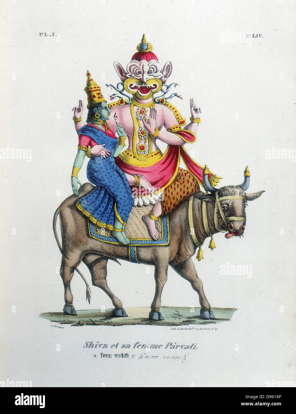 Shiva, einer der Götter der hinduistischen Trinität (Trimurti) mit seiner Gemahlin Parvati. Lithographie von ' L'Inde Francaise ", 1828. Stockfoto