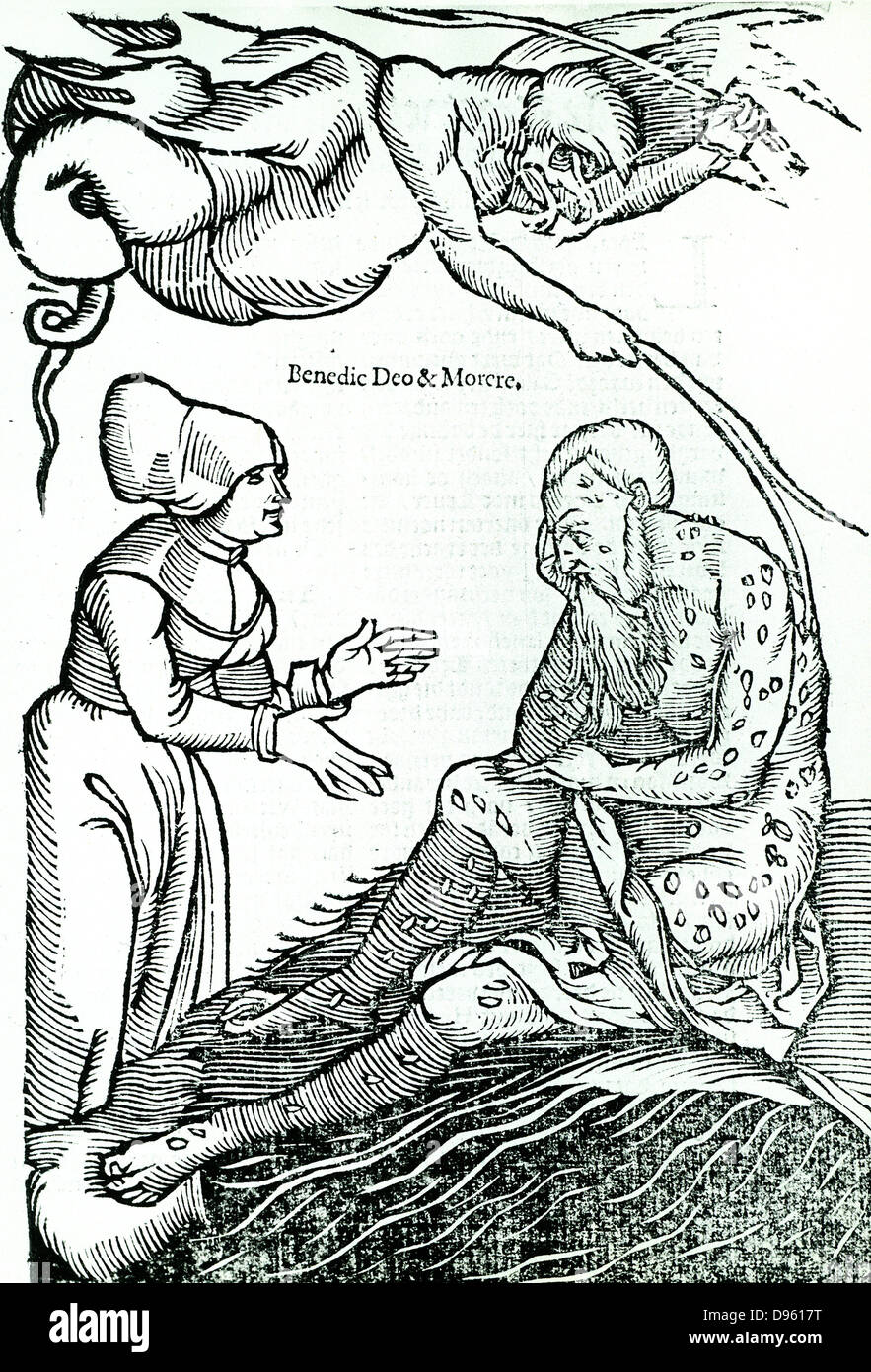Mann von der Geißel der Lepra besucht. Krankheit wurde oft als Strafe Gottes für ein sündiges Verhalten oder Handlungen zu werden. Von Hans van Gersdorff "Veldt Boeck van den Chirugia Scheel-Hans", Amsterdam, 1593. Abbildungen wie in 1517 Straßburg edition Stockfoto