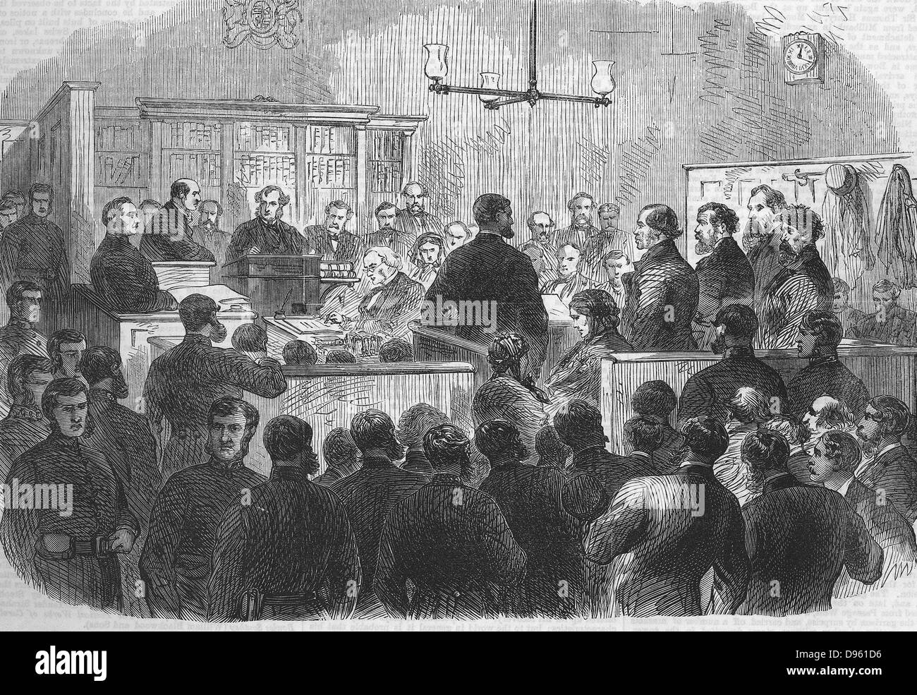 Fünf Fenian Gefangene wegen Mordes angeklagt, im Dock der Bow Street Polizei Gericht am 30. Dezember. Sie brannte hinunter eine Wand des Clerkenwell Haus der Inhaftierung, London, am 13. Dezember 1867. Von der "Illustrated London News", vom 4. Januar 1868. Stockfoto