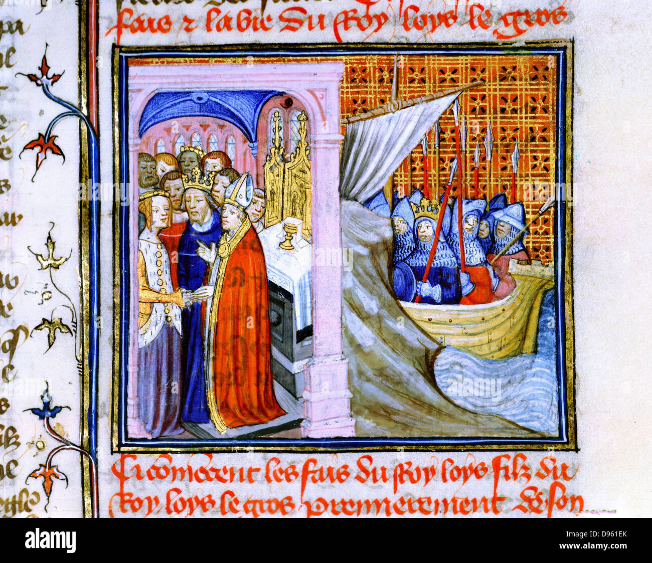 Die Ehe von Eleonore von Aquitanien (c 1122-1204) und Ludwig VII. von Frankreich (1137) links und Einschiffung für zweiten Kreuzzug 1147-1149. Von "Chronique de St Denis', Musée Condé, Chantilly. Eleanor's zweite Ehe wurde von Henry Plantagenet, Heinrich II. von England. Stockfoto
