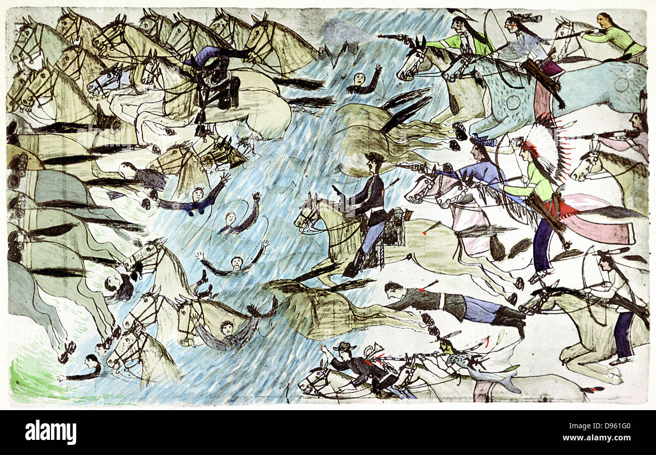 General Custers Truppen gejagt werden über den Fluss von Native Americans zu verfolgen. Schlacht am Little Big Horn, 25./26. Juni 187. Native Amerikanische Malerei c 1900. Stockfoto