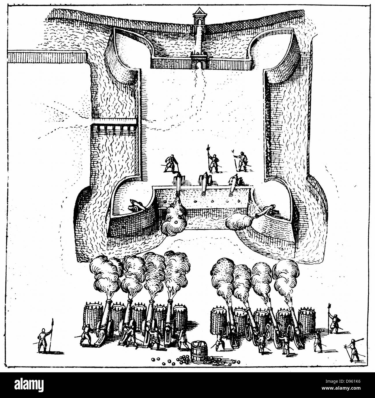 Gunners belagerten zu einem wasserschloss und befestigte Gehäuse. Angreifer sind mit Erde gefüllten Körbe genannt Gabionen ihre Waffen zu schützen und sich. Kupferstich von Robert Fludd "Utriusque cosmi... historia", Oppenheim, 1617-1619. Stockfoto