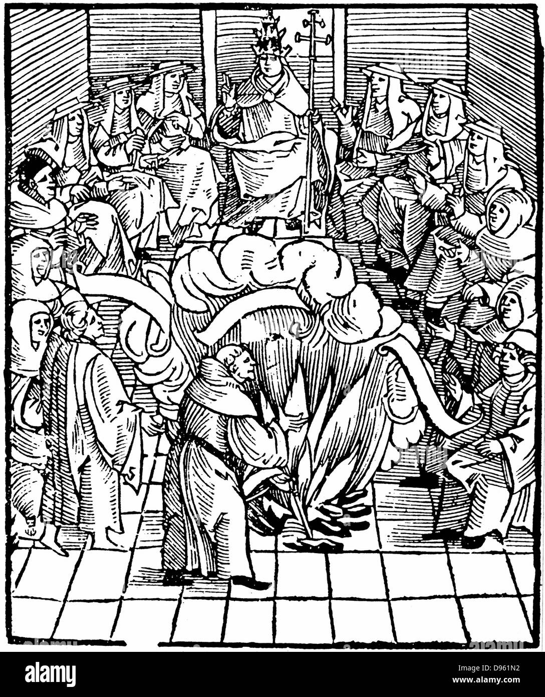 Papst Leo X (Giovanni De' Medici 1475-1521, Papst von 1513) die Kontrolle der Verbrennung von Martin Luthers Bücher nach dem ersten Reichstag zu Worms, 1521. Holzschnitt. Stockfoto