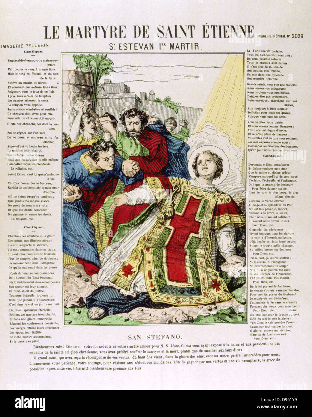 Der hl. Stephanus - ersten christlichen Märtyrer. Der Blasphemie schuldig durch Sanhedrin und zu Tode gesteinigt. Französische farbige Holzschnitt aus dem 19. Jahrhundert. Stockfoto