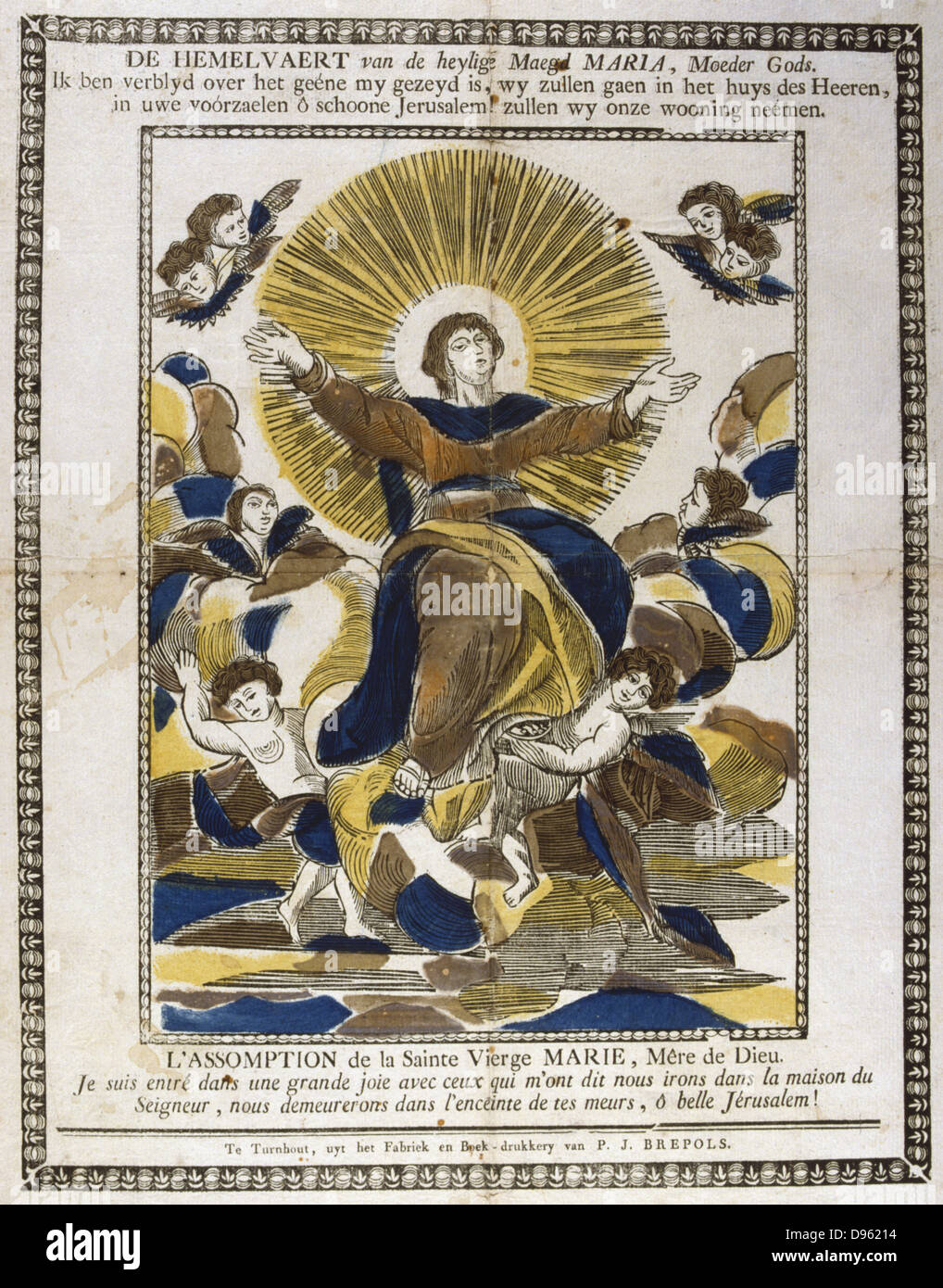 Himmelfahrt der Jungfrau Maria. farbiger Holzschnitt des 19. Jahrhunderts. Stockfoto