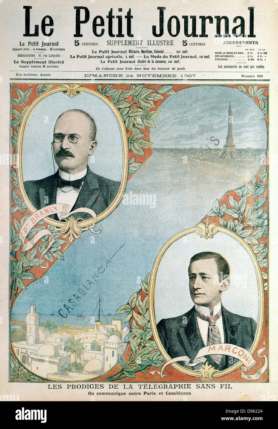 Eröffnung eines Wireless Telegraph Verbindung zwischen Paris und Casablanca, Männer, deren Arbeit machte es möglich, der Franzose, Edouard Branly (1844-1940) und der Italiener Guglielmo Marconi (1874-1937). Von "Le Petit Journal", Paris, 1907. Stockfoto