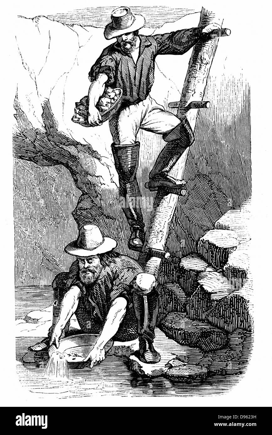Bergleute Goldwaschen während des kalifornischen Goldrauschs.  Holzstich veröffentlicht Paris 1849. Stockfoto